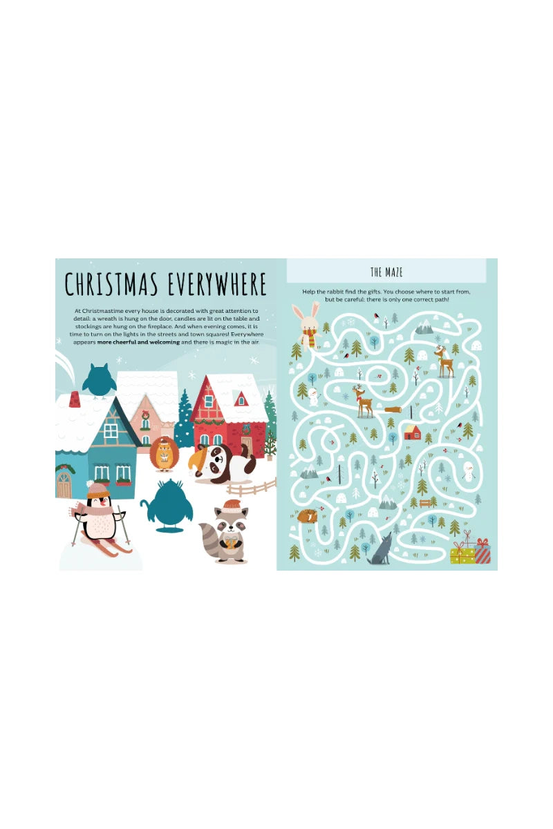 The SASSI Stickers and Activities Book Christmas is a two-page activity book that includes festive illustrations. On the left page, you'll find charming depictions of animals and houses, while the right page offers a maze filled with woodland creatures and traditional holiday elements.