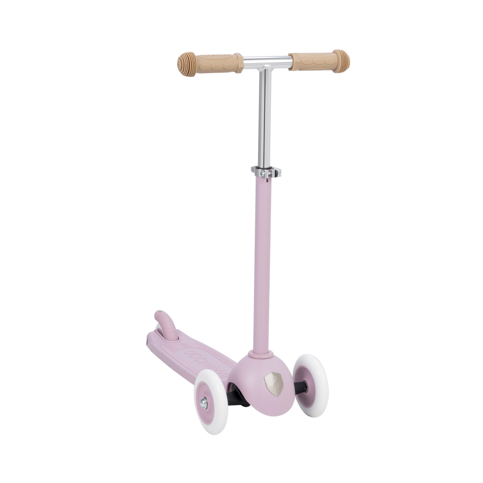 The Banwood Eco Scooter Lavender by BANWOOD is a pink three-wheeled scooter with a silver handlebar, tan grips, and a durable frame made from recycled plastic. Its design includes two white front wheels and one back wheel, combining simplicity with eco-friendliness.