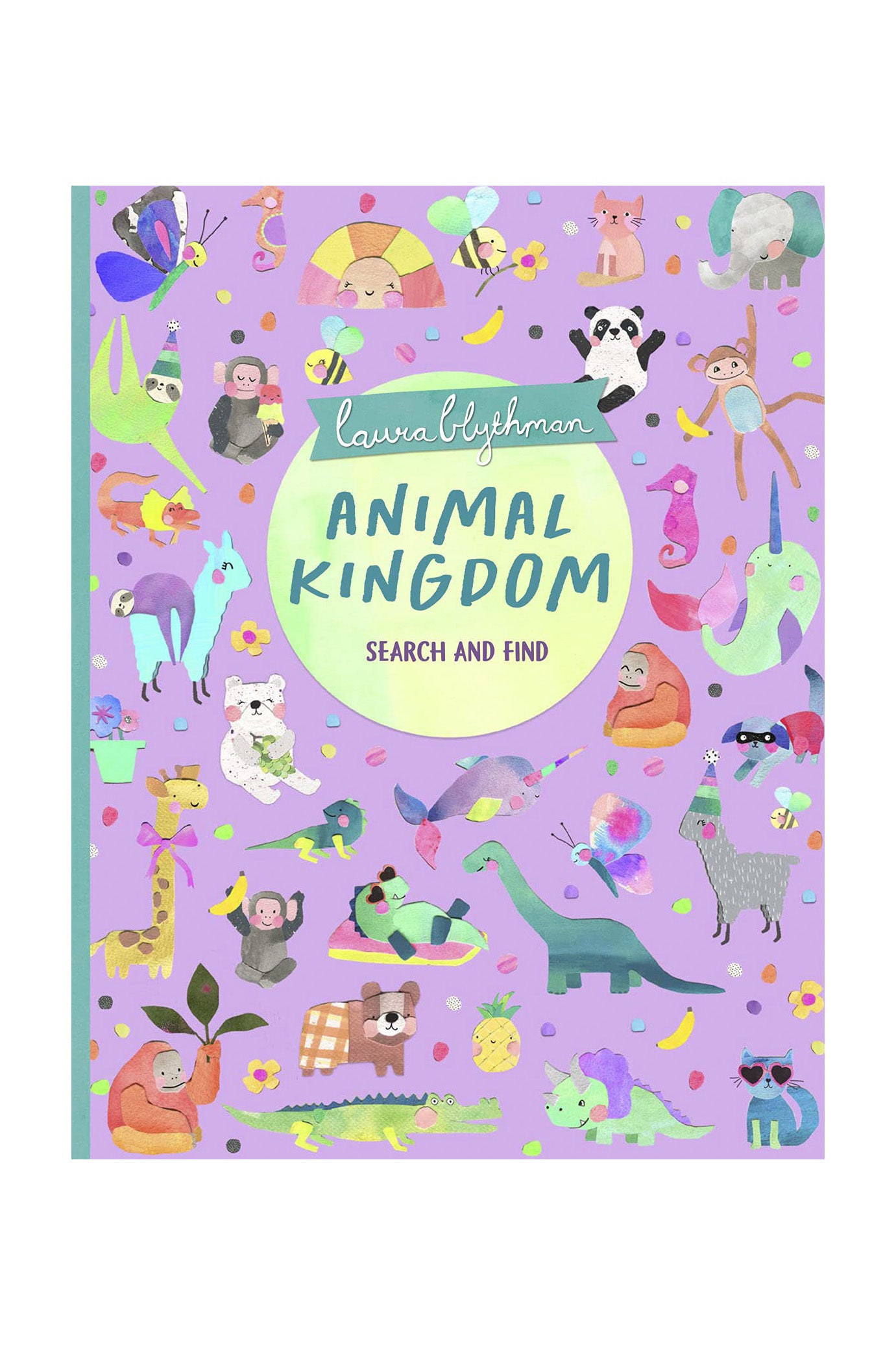 The BAY KIDS book "Search And Find: Animal Kingdom" by Laura Blythman features a colorful illustrated cover with quirky animals—giraffes, pandas, elephants, a narwhal, and dinosaurs—on a light purple background.