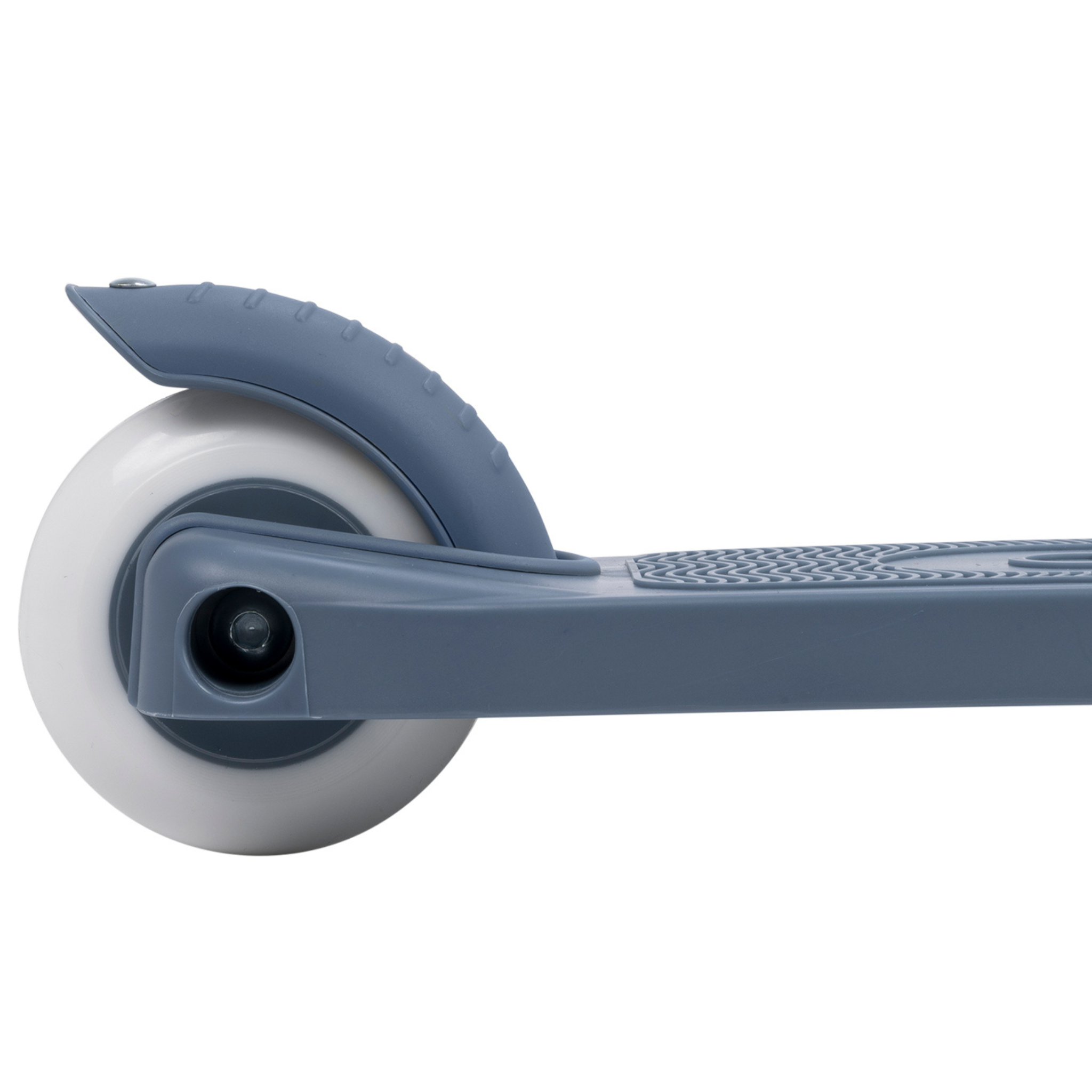 Close-up of BANWOOD's Banwood - Eco Scooter Deep Sea's rear wheel with a white tire, featuring a textured recycled plastic fender and non-slip deck, emphasizing its sleek, sustainable design.