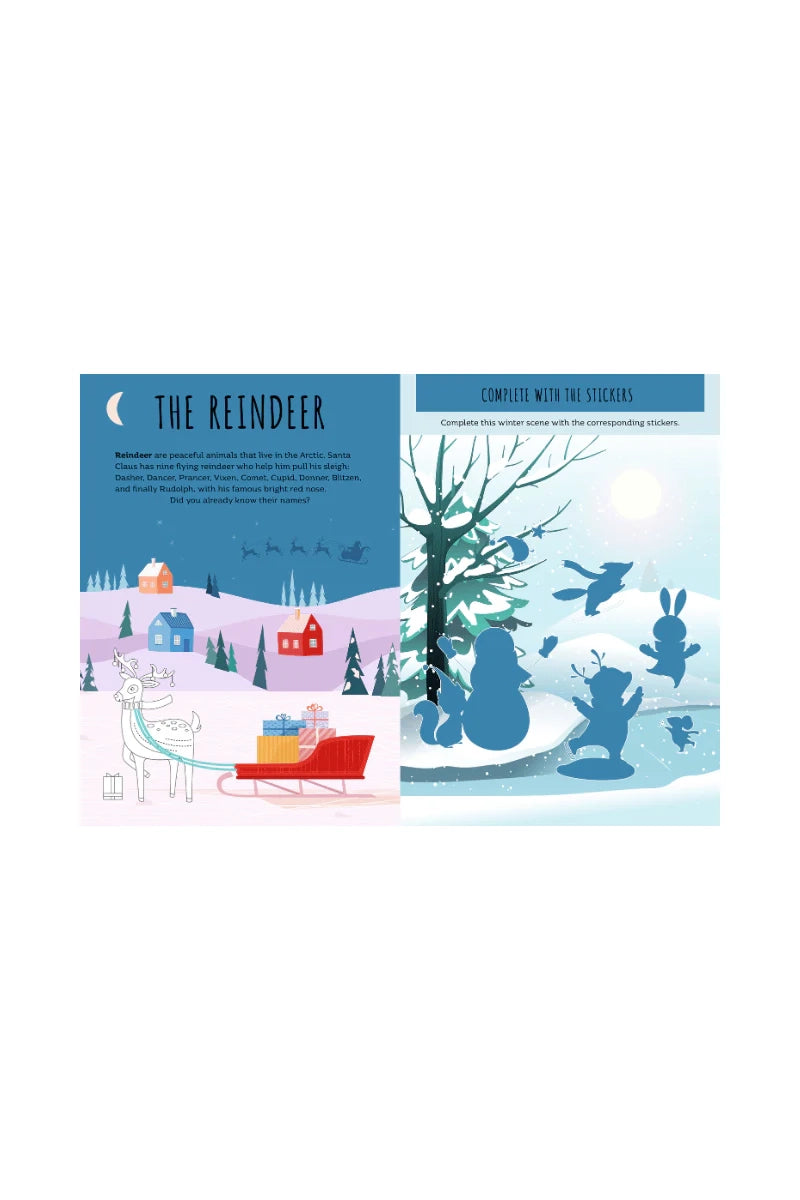 Illustrated page from the "Stickers and Activities Book Christmas" by SASSI, showcasing a reindeer pulling a sled full of gifts through a snowy village. On the right side, there are silhouettes of animals and a tree in a winter scene. The festive illustration celebrates Christmas traditions with stickers included to complete the magical scene.