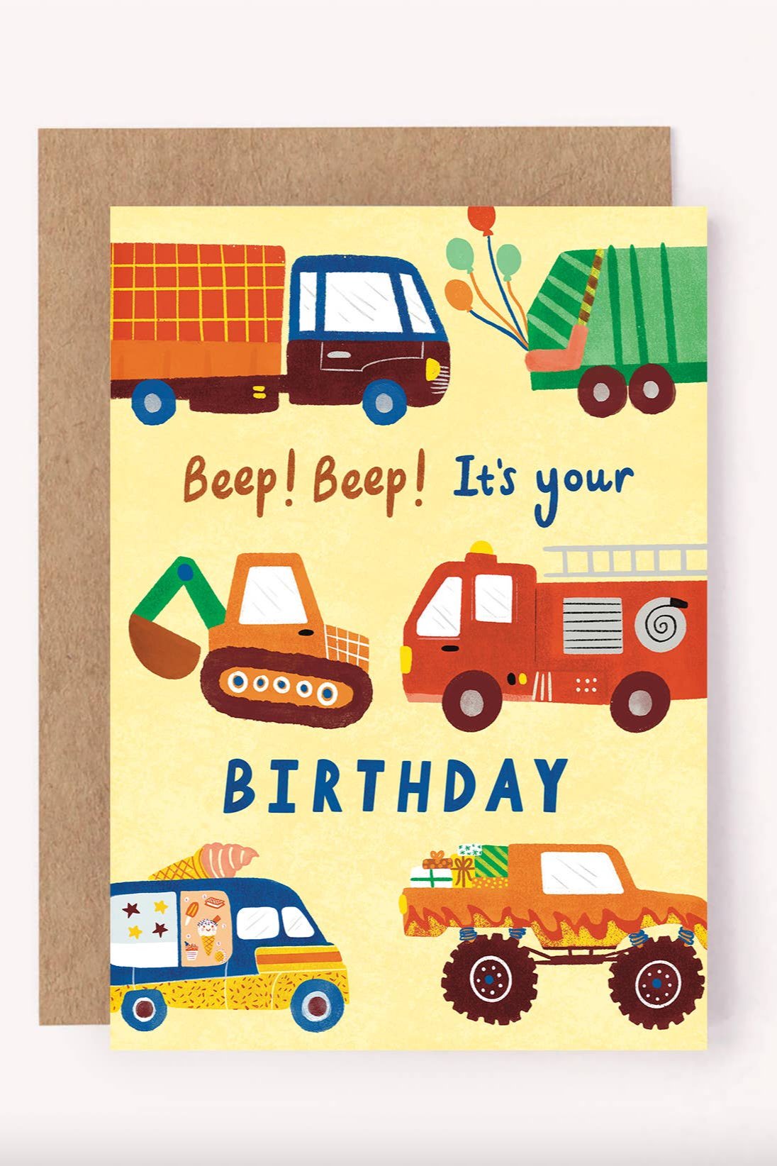Introducing the Vehicles Happy Birthday Card by LAUREN SISSONS STUDIO, ideal for young vehicle enthusiasts. This vibrant card showcases charming illustrations of a delivery truck, garbage truck, excavator, fire truck, ice cream van, and monster truck. Printed on recycled paper, it features playful balloons and the festive message "Beep! Beep! It's your BIRTHDAY.