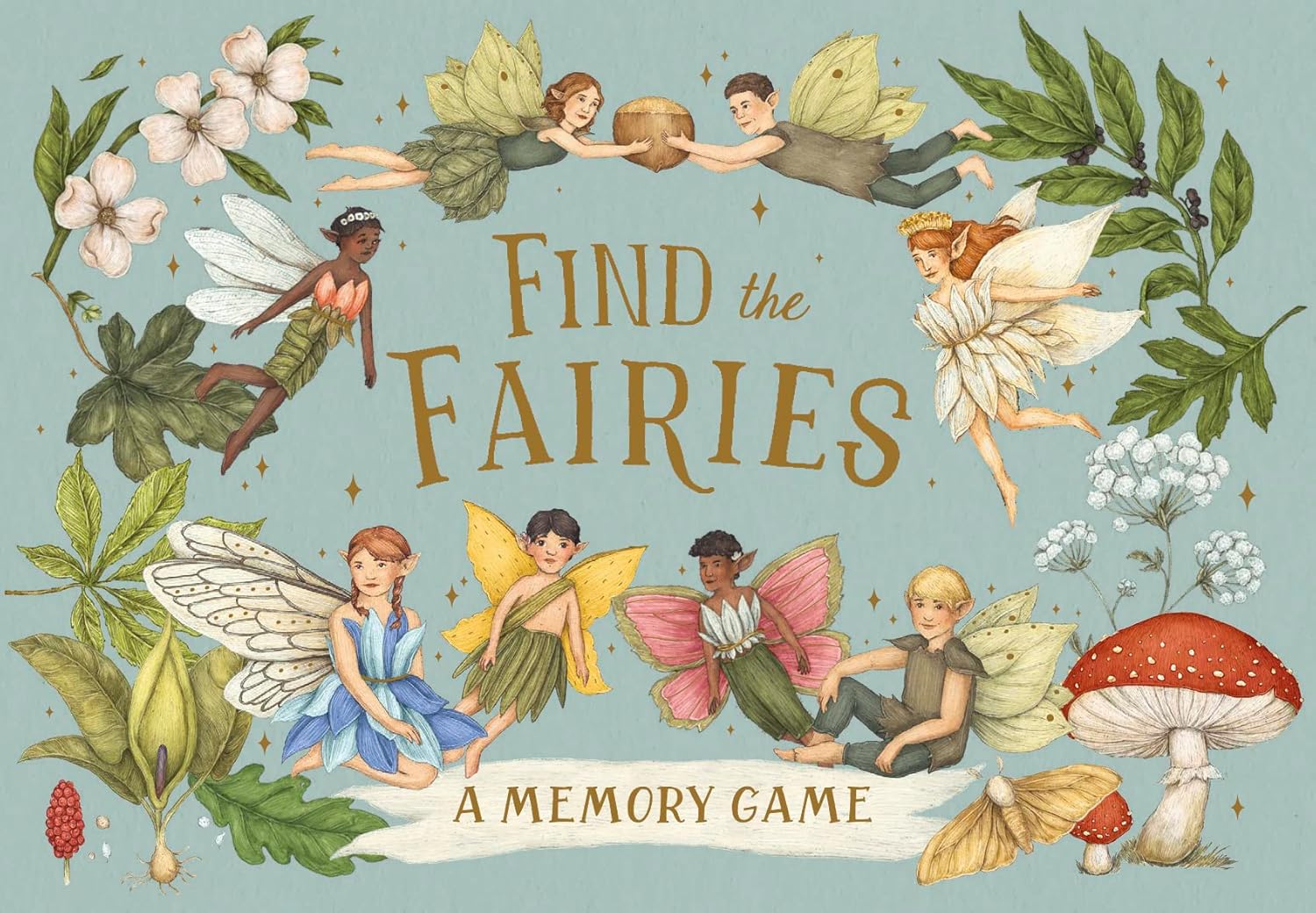 BAY KIDS’ Find the Fairies: A Memory Game features a whimsical illustrated cover with diverse fairies, wings, flowers, leaves, a mushroom, and gold stars on a light blue-green background.
