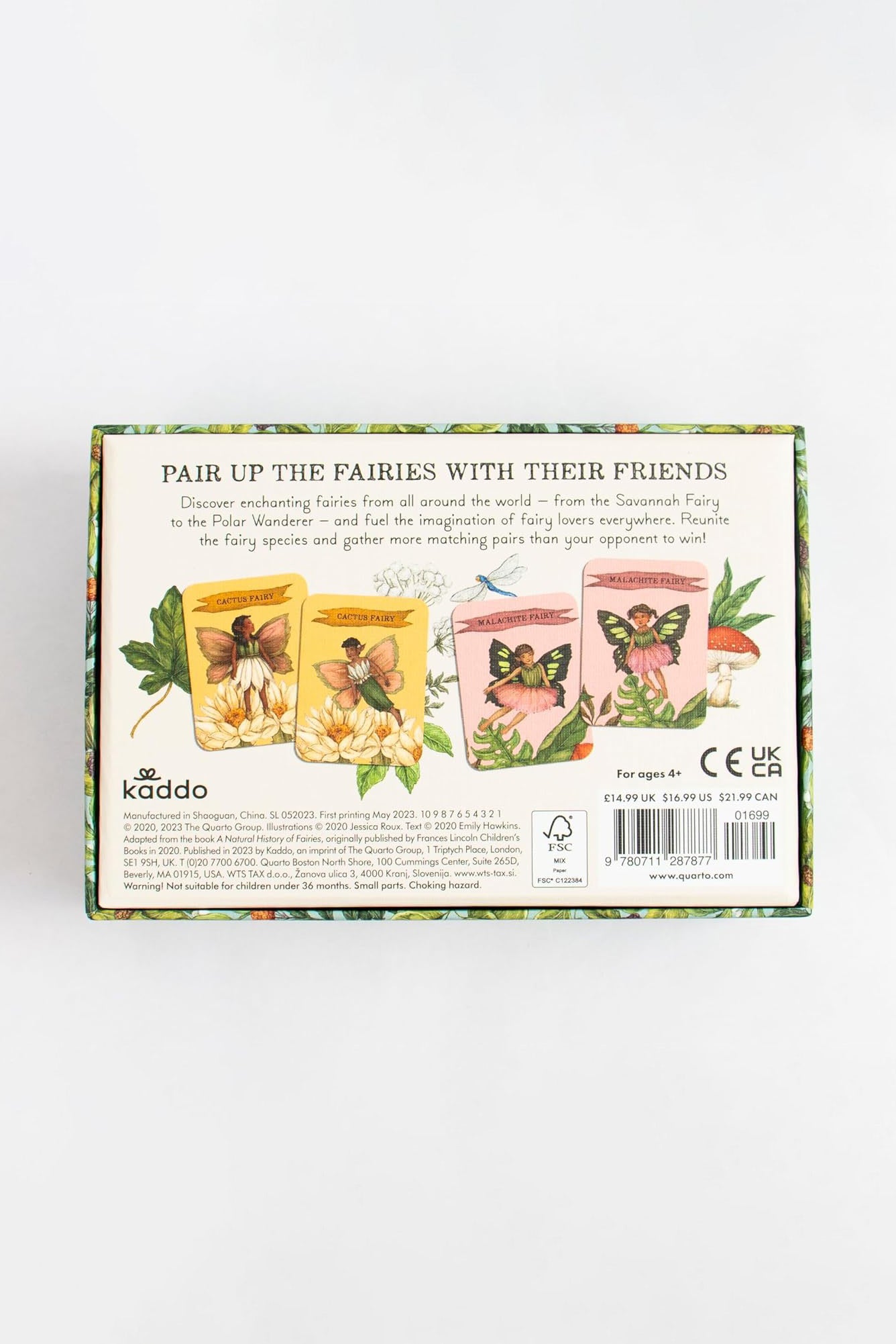 The back of the box for Find the Fairies: A Memory Game by BAY KIDS shows three illustrated cards with various fairy species, flowers, and animals. “PAIR UP THE FAIRIES WITH THEIR FRIENDS” appears above. BAY KIDS logo and barcode are at the bottom.