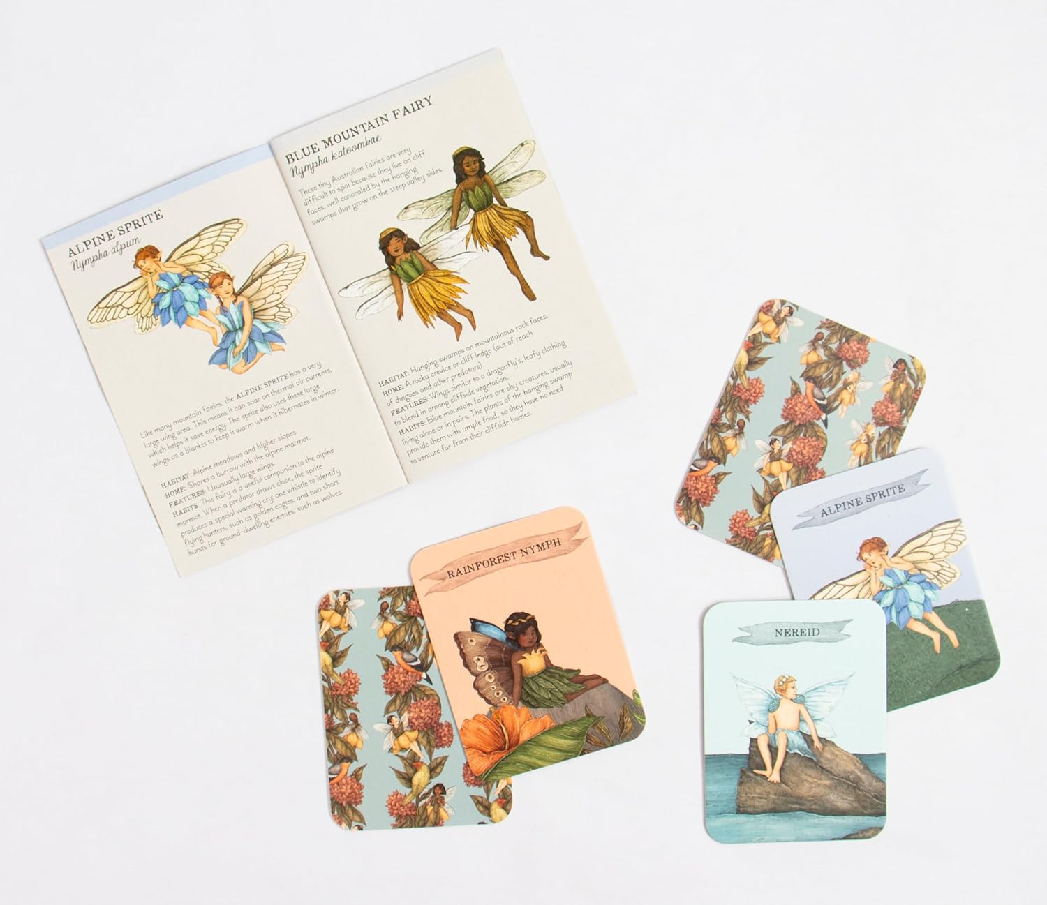 Find the Fairies: A Memory Game by BAY KIDS is shown open on a white surface, displaying its illustrated booklet and whimsical cards featuring diverse fairies, sprites, and nymphs labeled with their names.