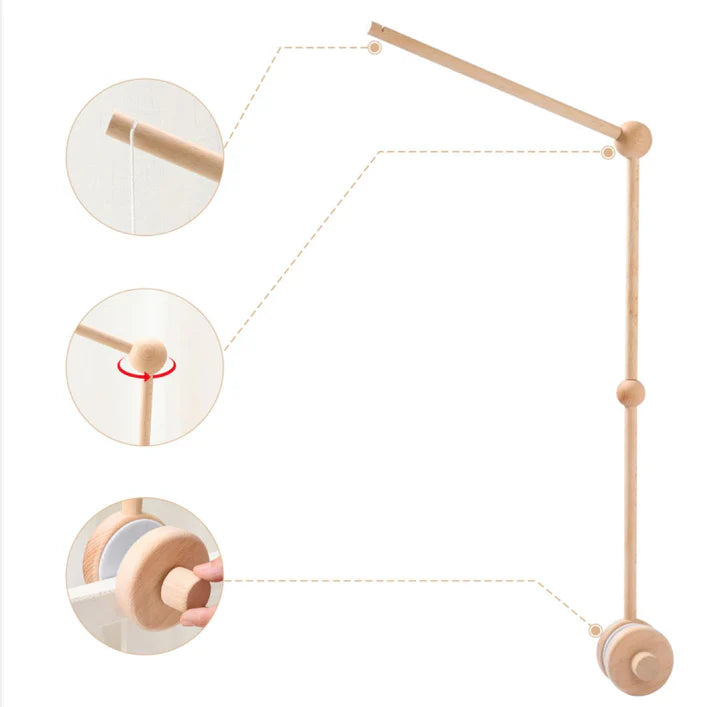 ROOMI & ME's Roomi & Me - Wooden Mobile Stand mounts on cots and features three inset images: inserting the top rod, tightening a round knob, and attaching a clamp to a crib rail. Its L-shaped adjustable arm has clear measurements for easy setup.