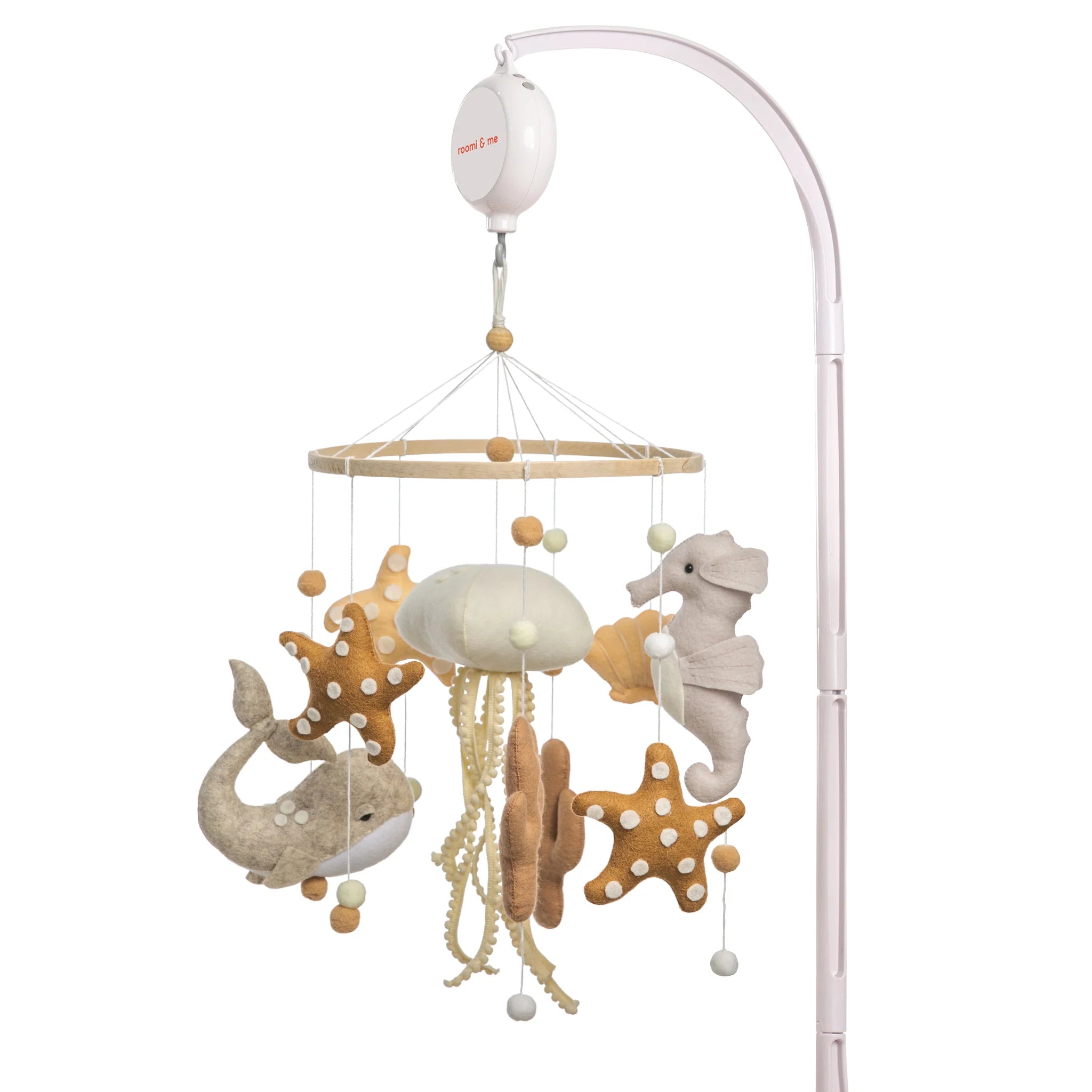 The Roomi & Me - Baby Mobile Underwater Dreaming by ROOMI & ME features plush whale, seahorse, jellyfish, and starfish in calming neutral tones for gentle visual stimulation in your nursery.