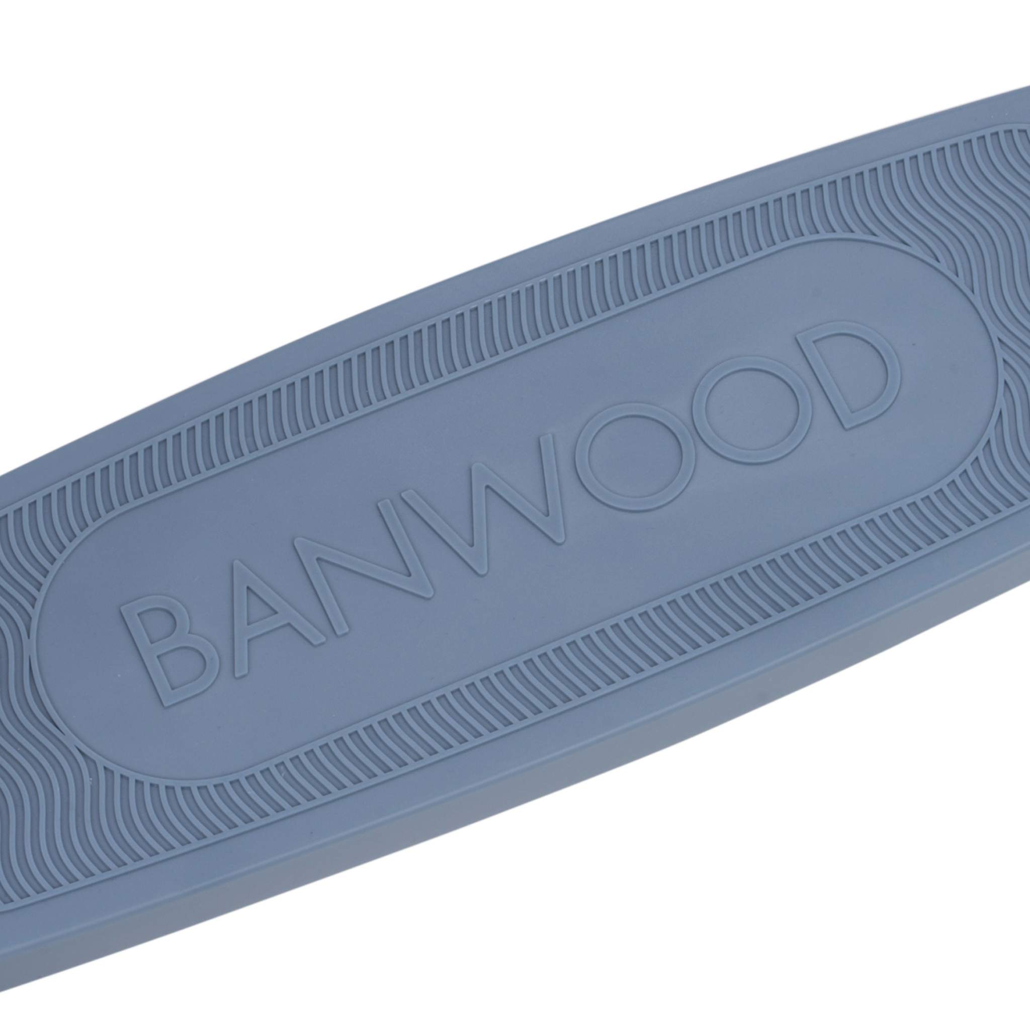 Close-up of a blue Eco Scooter Deep Sea by BANWOOD with textured edges and "Banwood" embossed in the center. Crafted from recycled plastic, it blends sleek aesthetics with sustainable design.
