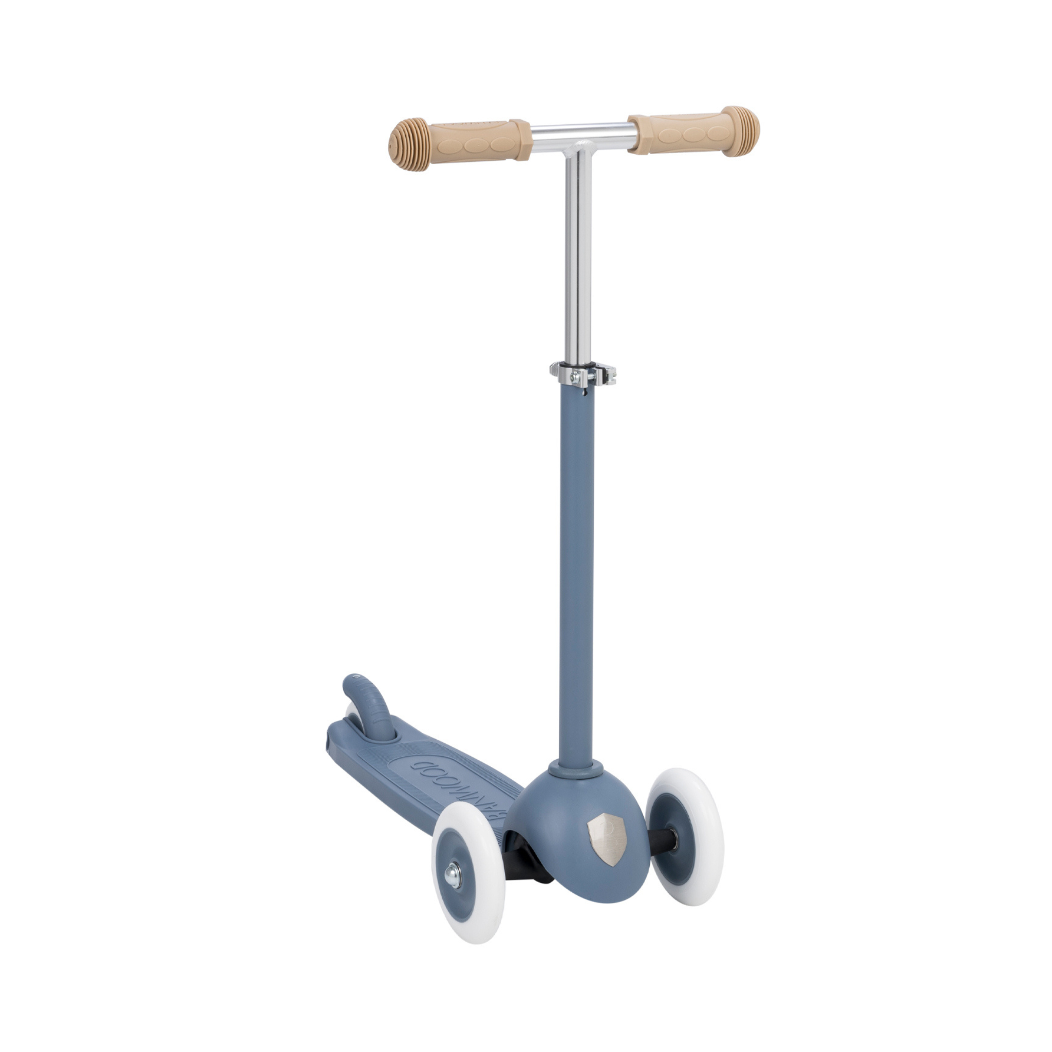 The Banwood Eco Scooter Deep Sea by BANWOOD features a sleek design with a T-shaped handlebar wrapped in tan grips. It has two white front wheels and one rear wheel. The slim deck is crafted from recycled plastic, combining fun with sustainability in children's play.