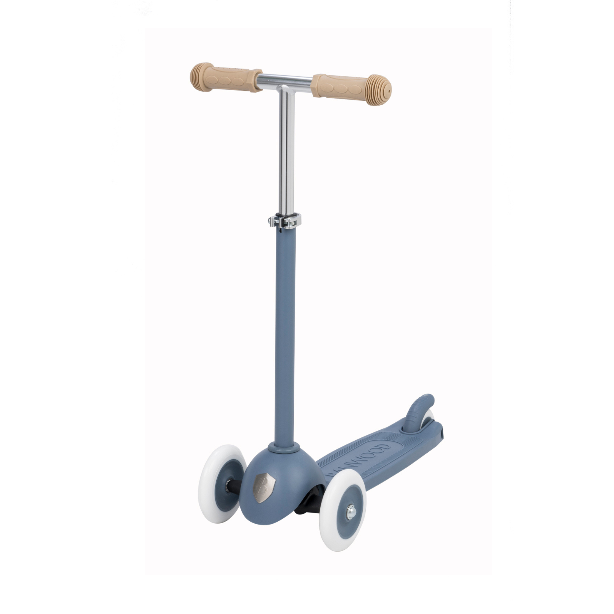 The Banwood - Eco Scooter Deep Sea by BANWOOD is a children's blue scooter with two white front wheels, one rear wheel, tan handles, and a minimalist design made from recycled plastic. It features an adjustable handlebar height and promotes sustainable design with a sturdy base.