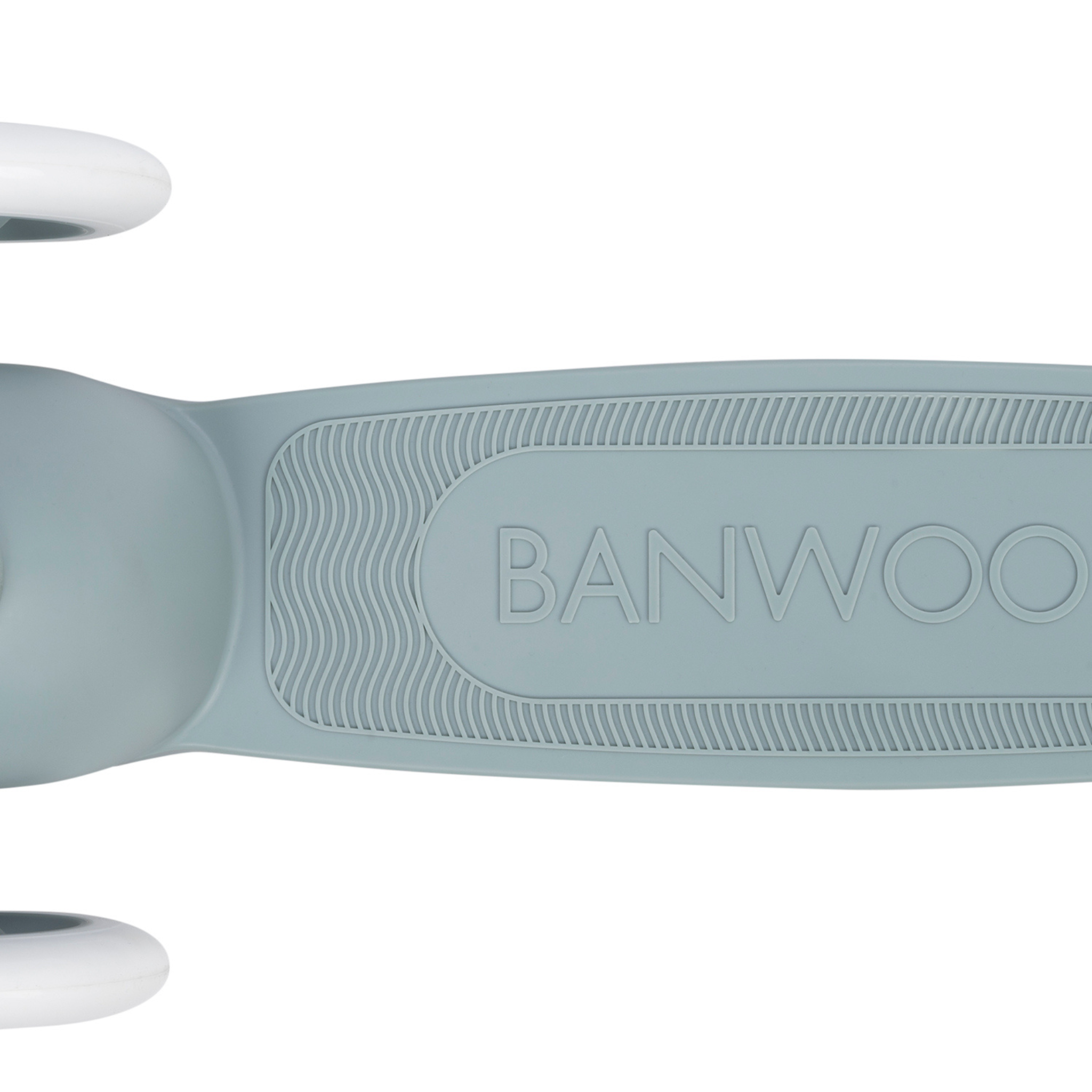 The close-up of a teal scooter deck highlights the "BANWOOD" logo with textured grip patterns. The Banwood Eco Scooter, crafted from recycled plastic, features white wheels at both ends.