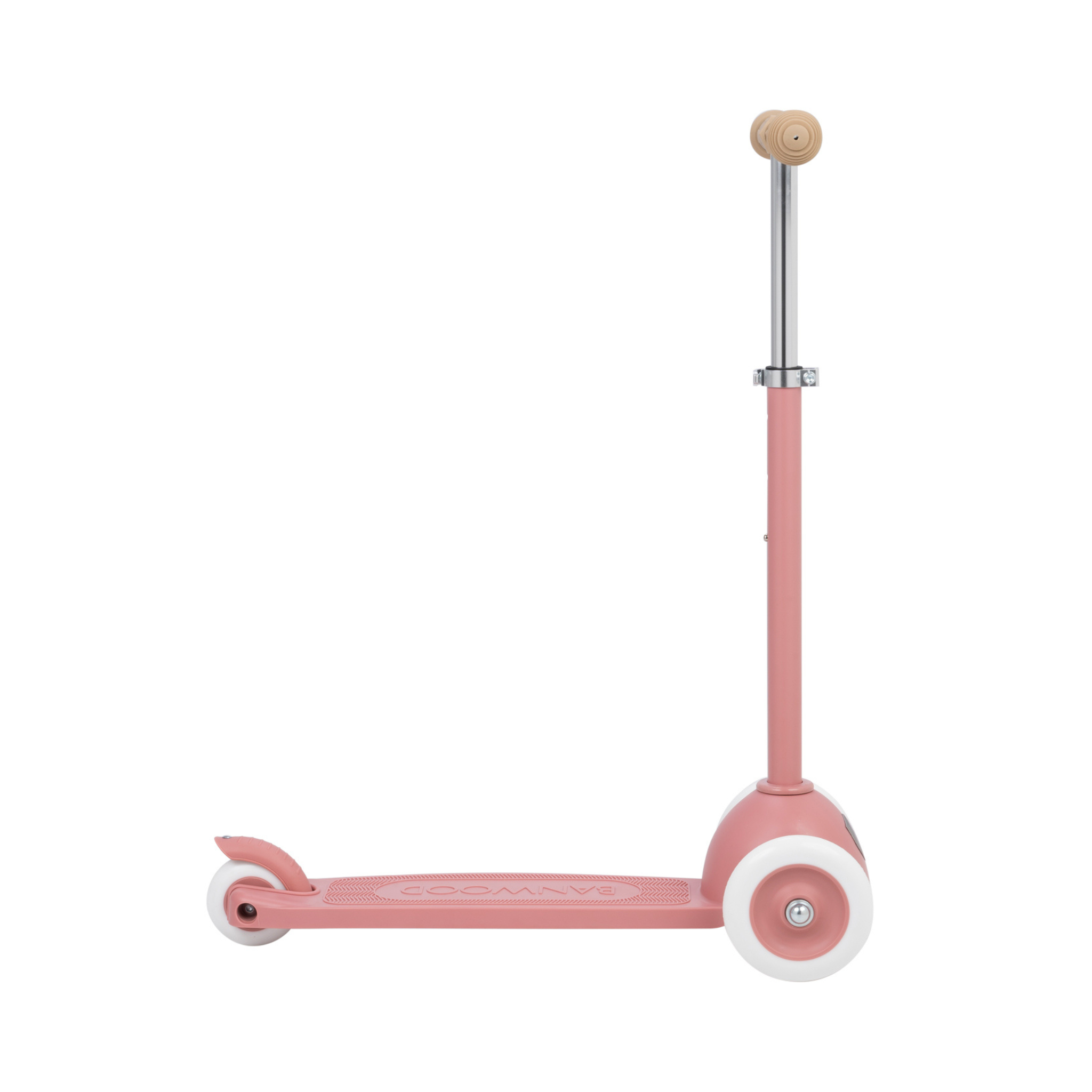 The Banwood Eco Scooter Raspberry features a pink design made from recycled plastic, white wheels, and a light brown handlebar. Its side view reveals a streamlined look with a sturdy footplate and adjustable handlebars, emphasizing BANWOOD's commitment to sustainability.