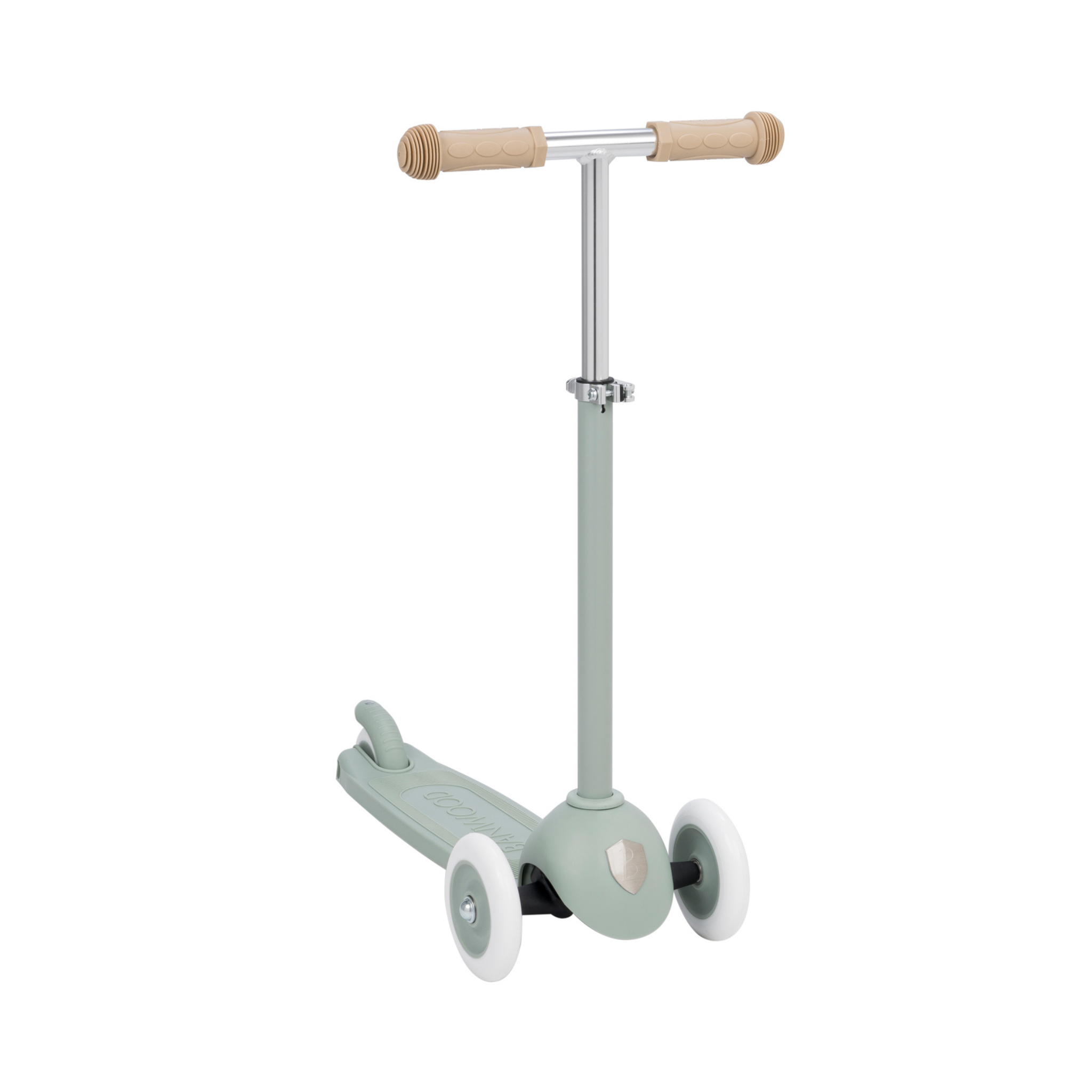 Introducing the Banwood Eco Scooter in Clay by BANWOOD, a children's scooter made from recycled plastic. It features two white front wheels and one rear wheel with a T-shaped handlebar and tan grips, embodying a sleek and sustainable design.