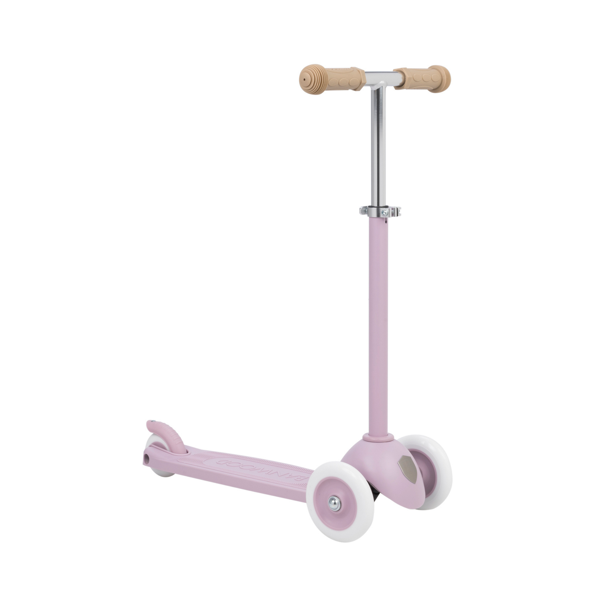 The Banwood Eco Scooter in Lavender, crafted by BANWOOD from recycled plastic, features a sturdy metal frame with beige handles and white wheels. This pink three-wheeler is set against a plain white background, offering a sleek design perfect for young children embracing sustainability.