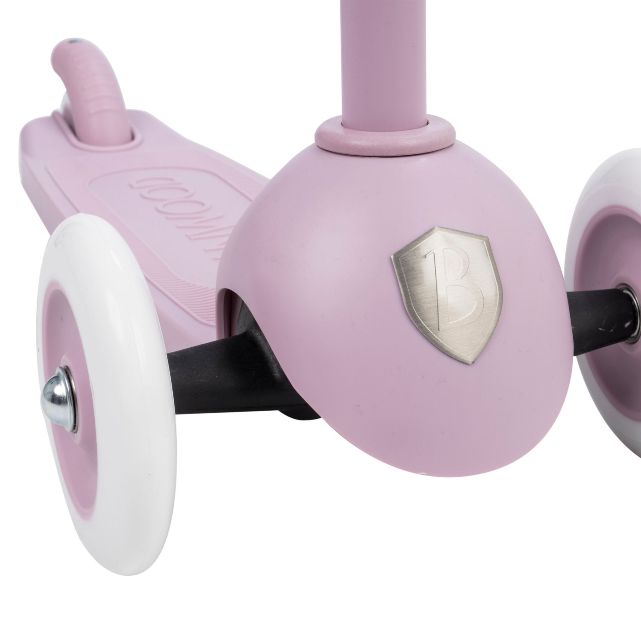 Close-up of the Banwood Eco Scooter Lavender, a pink children's scooter with two front wheels and a recycled plastic footboard. It boasts a "B" badge for sustainability and has white wheels with black spokes.