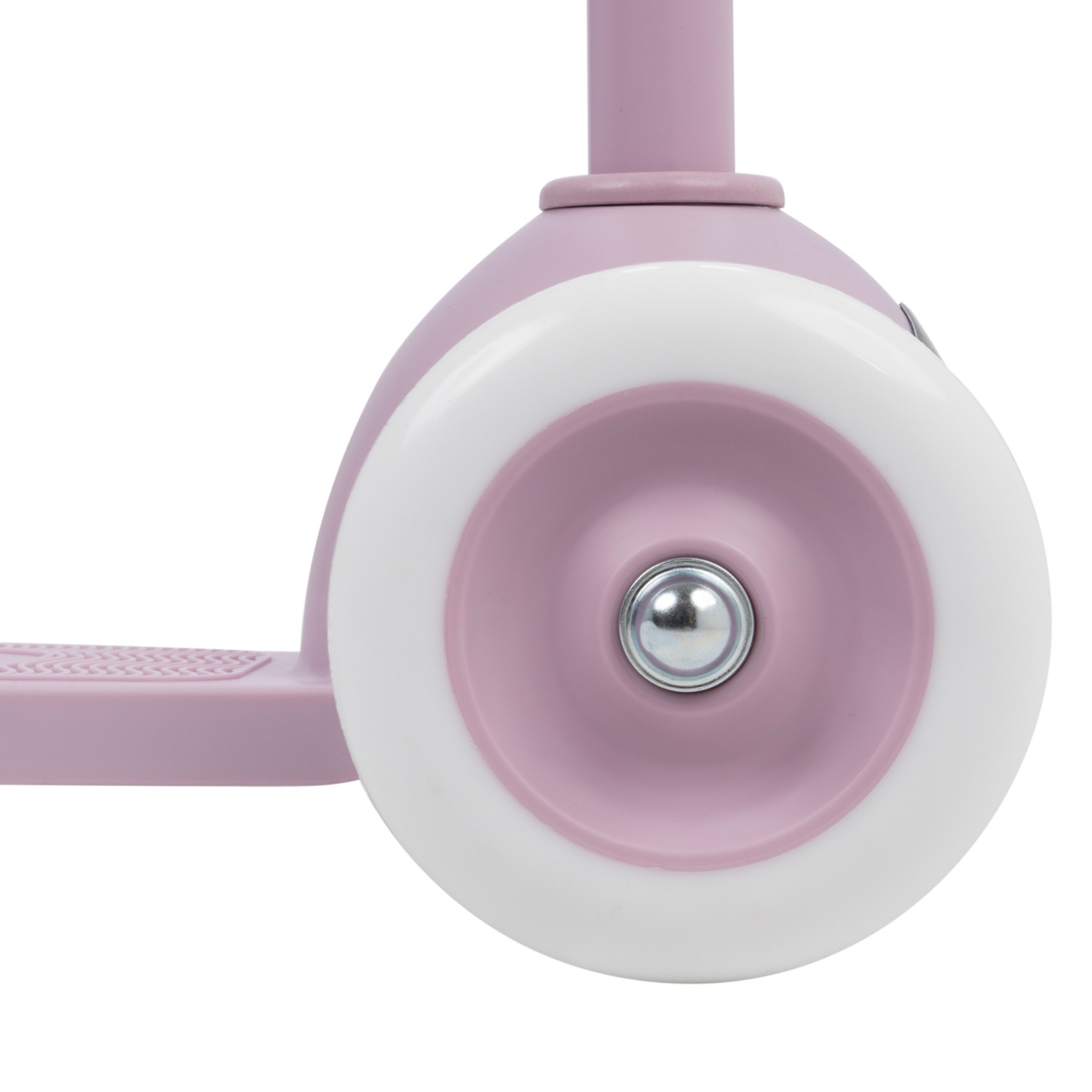 Close-up of a lavender scooter wheel with a white tire, crafted from recycled plastic. The wheel is attached to the BANWOOD Eco Scooter Lavender's deck on the left side, and the silver axle is centered against a white background, showcasing its sustainable commitment.
