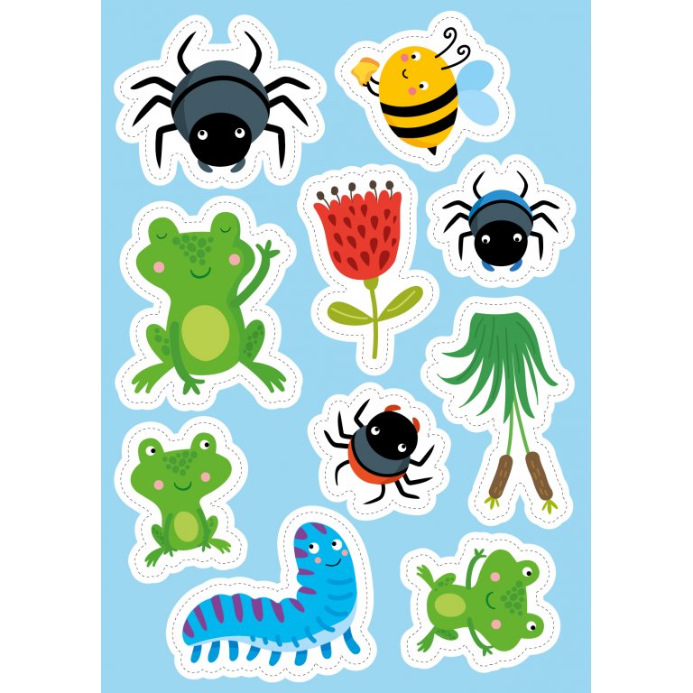 The SASSI Stickers and Activities Book The Garden features cartoon garden animals like spiders, bees, frogs, plus a red flower and caterpillar on a blue background. Ideal for kids aged 3+, each character sports a cute, friendly expression.