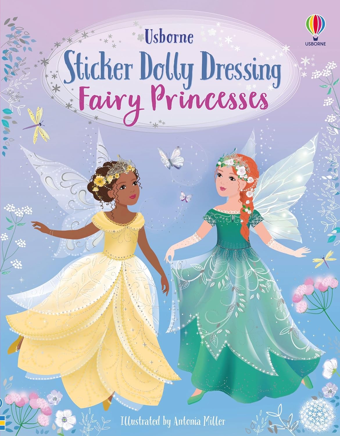 Cover of "Sticker Dolly Dressing Fairy Princesses" by BAY KIDS. Features two fairy princesses amid an enchanted forest, one in a yellow dress with dark skin and curly hair, and another in a green dress with light skin and red hair, surrounded by butterflies and sparkles.