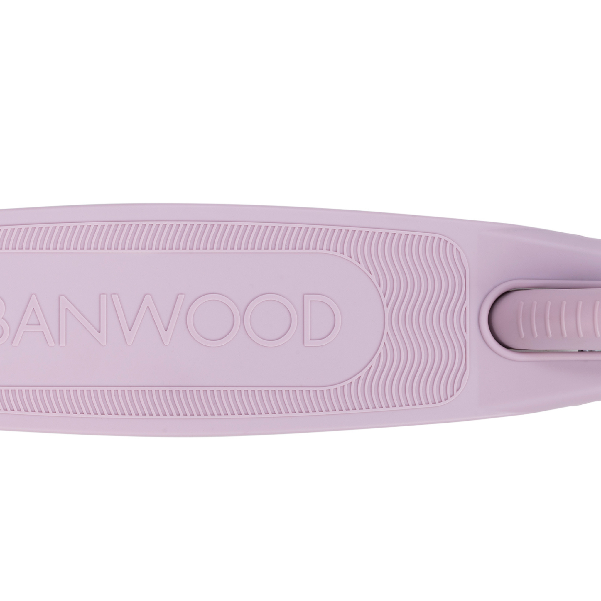 Close-up of a pastel lavender BANWOOD Eco Scooter crafted from recycled plastic, featuring textured grip lines and embossed "BANWOOD" branding. The deck is shown from above, emphasizing its sleek, modern design with eco-friendly sustainability.