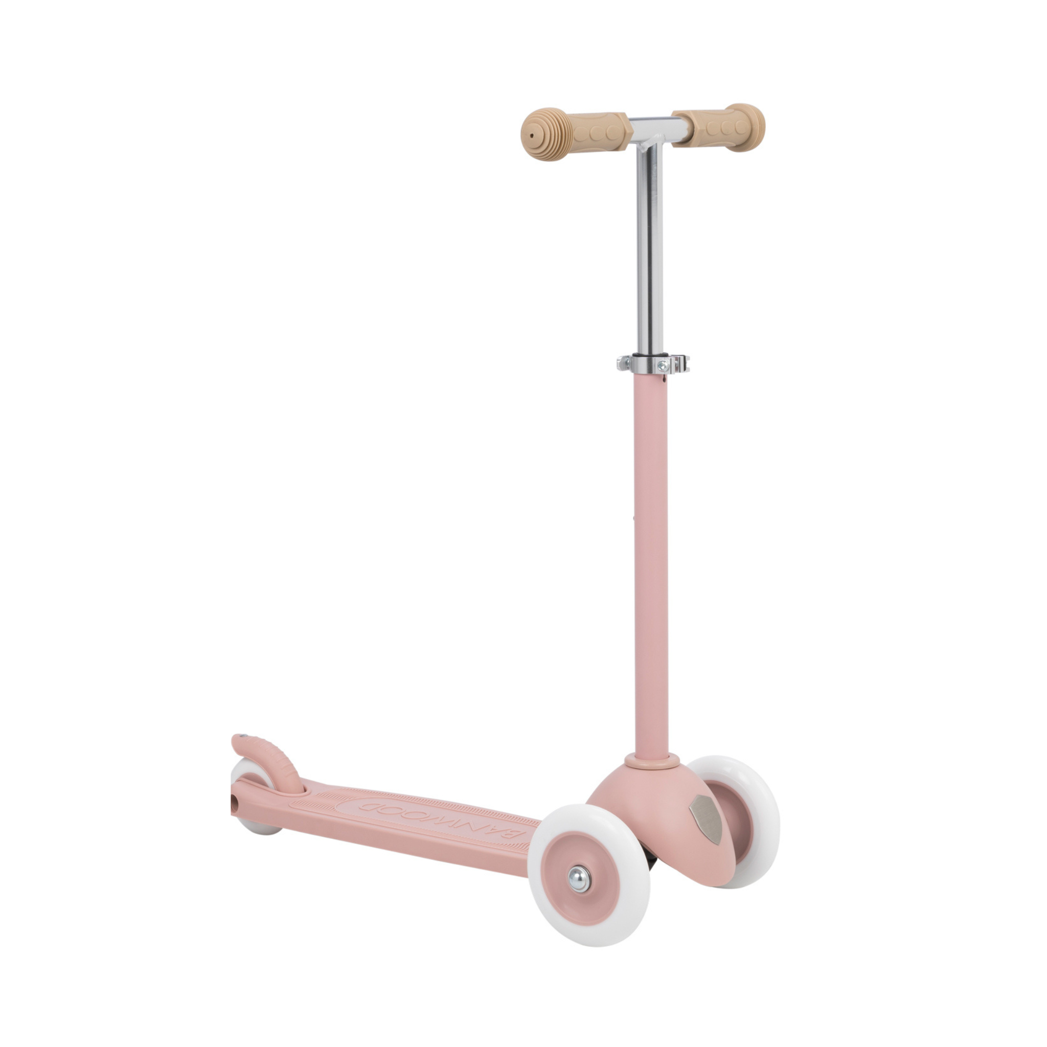 The BANWOOD Eco Scooter Dusty Rose is a children's scooter in pink with three beige wheels and matching handle grips, crafted from recycled plastic. It features a silver, height-adjustable handlebar for sustainable and stylish rides.