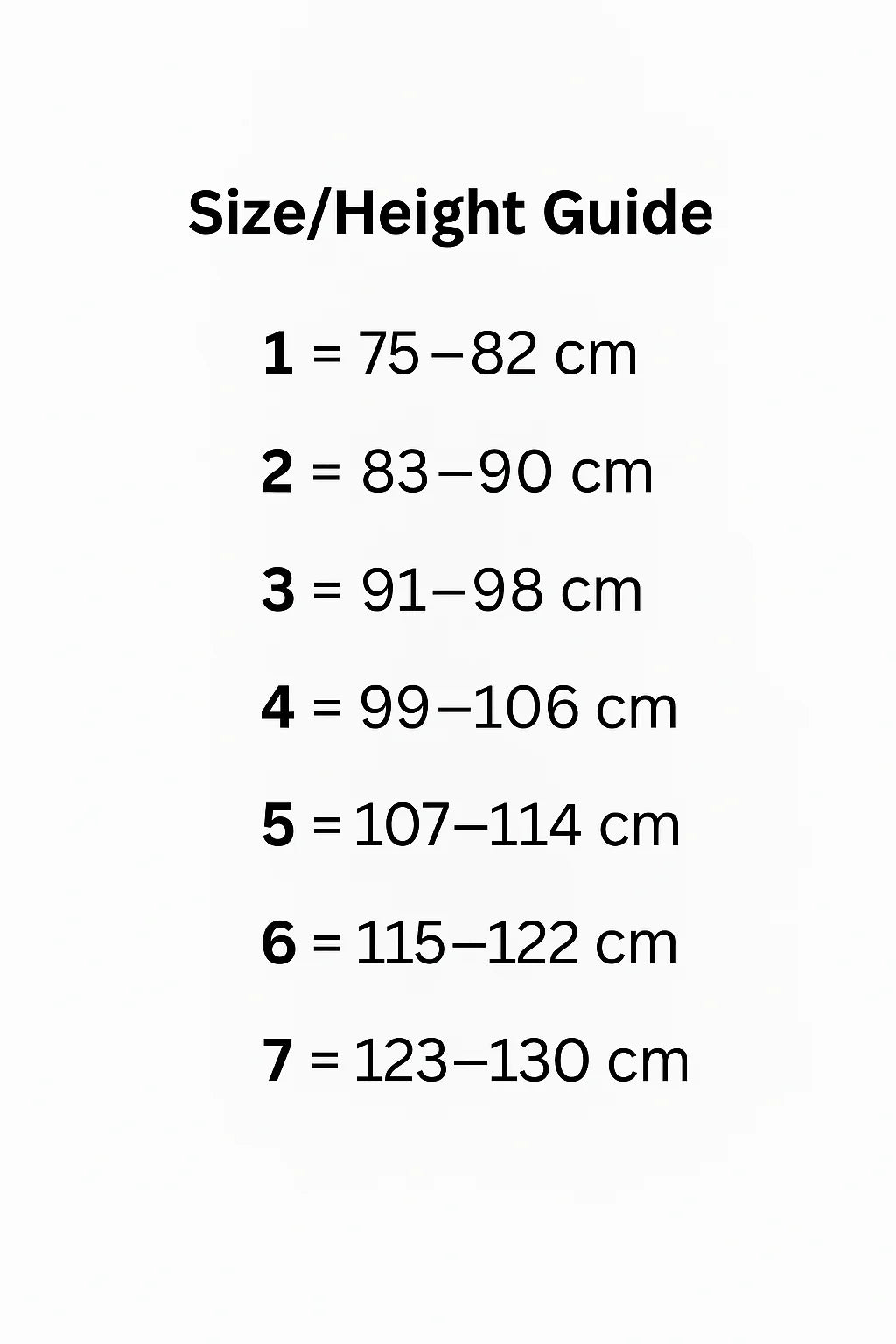 Text chart titled "Size/Height Guide" shows sizes 1–7 with height ranges in cm—ideal for selecting SAM THE LABEL's Sam the Label - The Cargo Pant Camo for kids 75–130 cm tall.