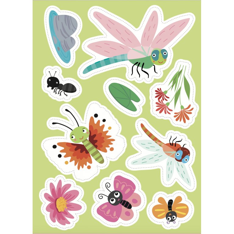 The SASSI Stickers and Activities Book The Garden features cheerful garden animal stickers, including a butterfly, dragonfly, ant, and bee amidst flowers and leaves on a light green background. It's perfect for delighting children aged three and up.