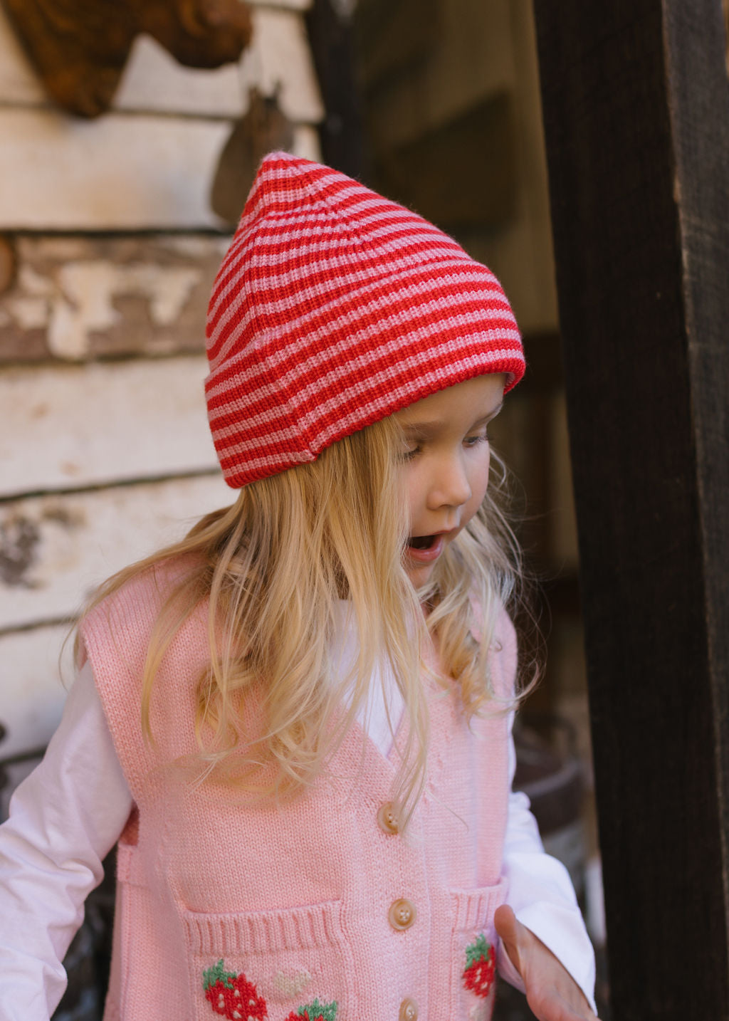 Acorn Kids - Berlin Merino Beanie Pink and Red Stripe