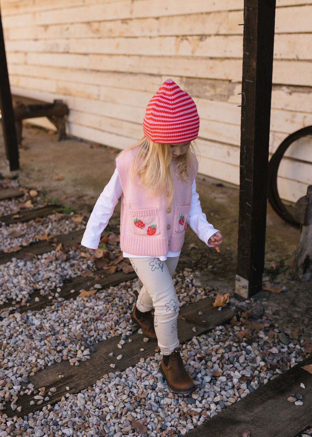 Acorn Kids - Berlin Merino Beanie Pink and Red Stripe