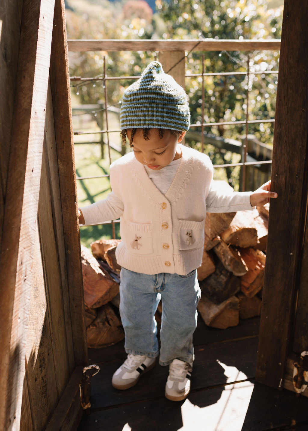 Acorn Kids - Berlin Merino Beanie Green and Blue Stripe