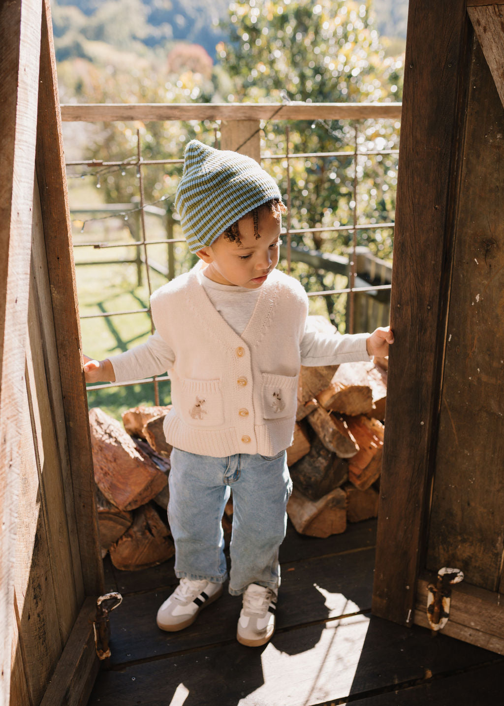 Acorn Kids - Berlin Merino Beanie Green and Blue Stripe