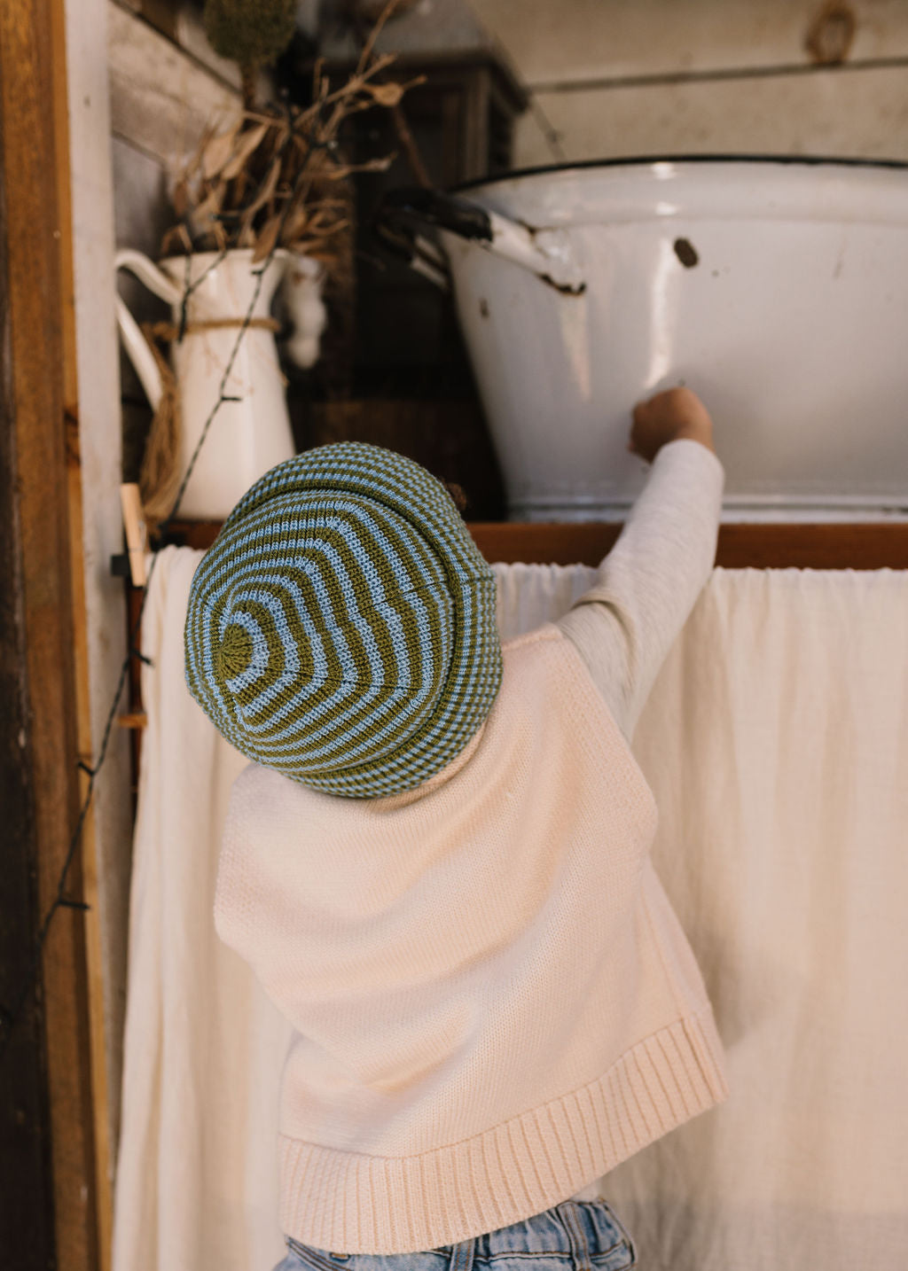 Acorn Kids - Berlin Merino Beanie Green and Blue Stripe