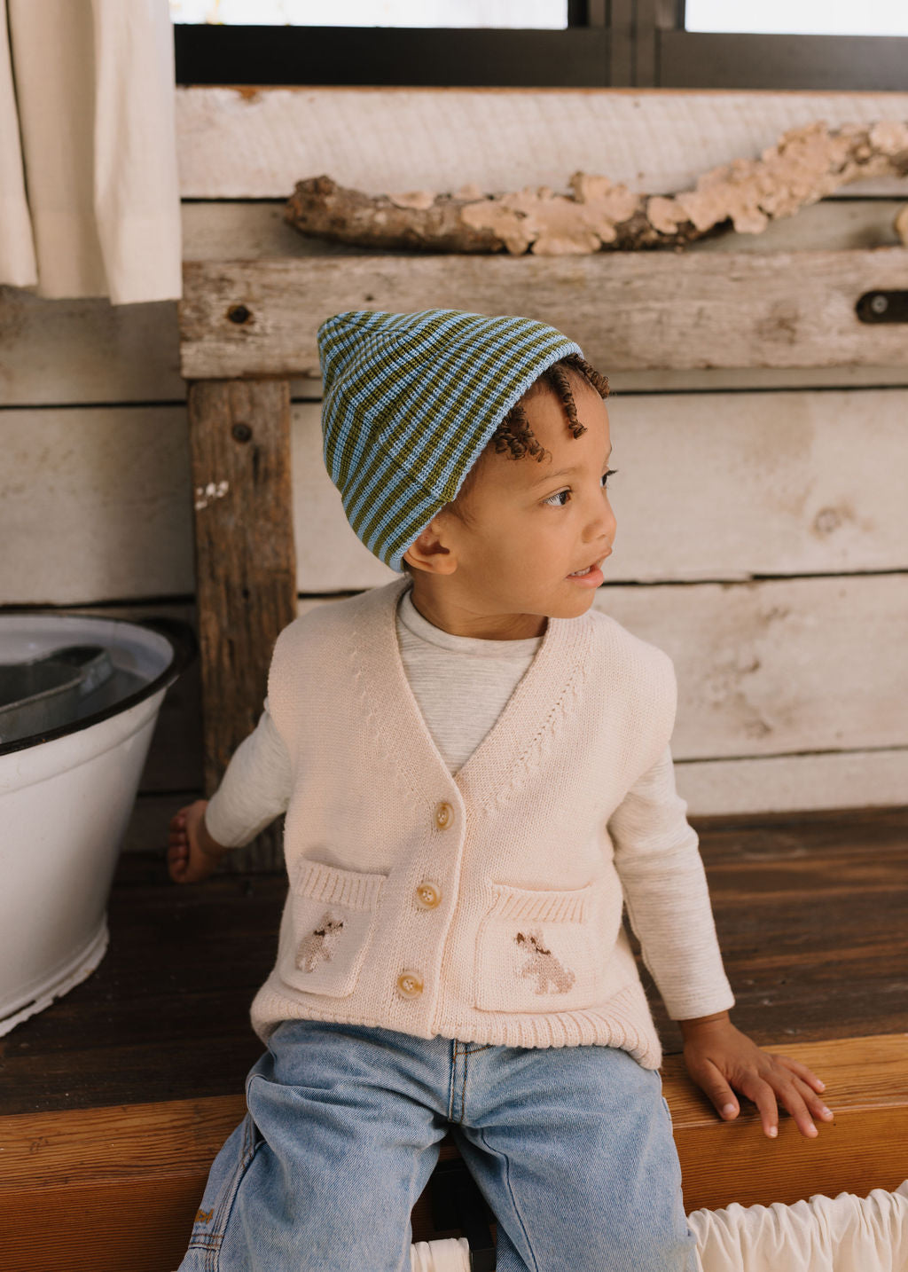 Acorn Kids - Berlin Merino Beanie Green and Blue Stripe