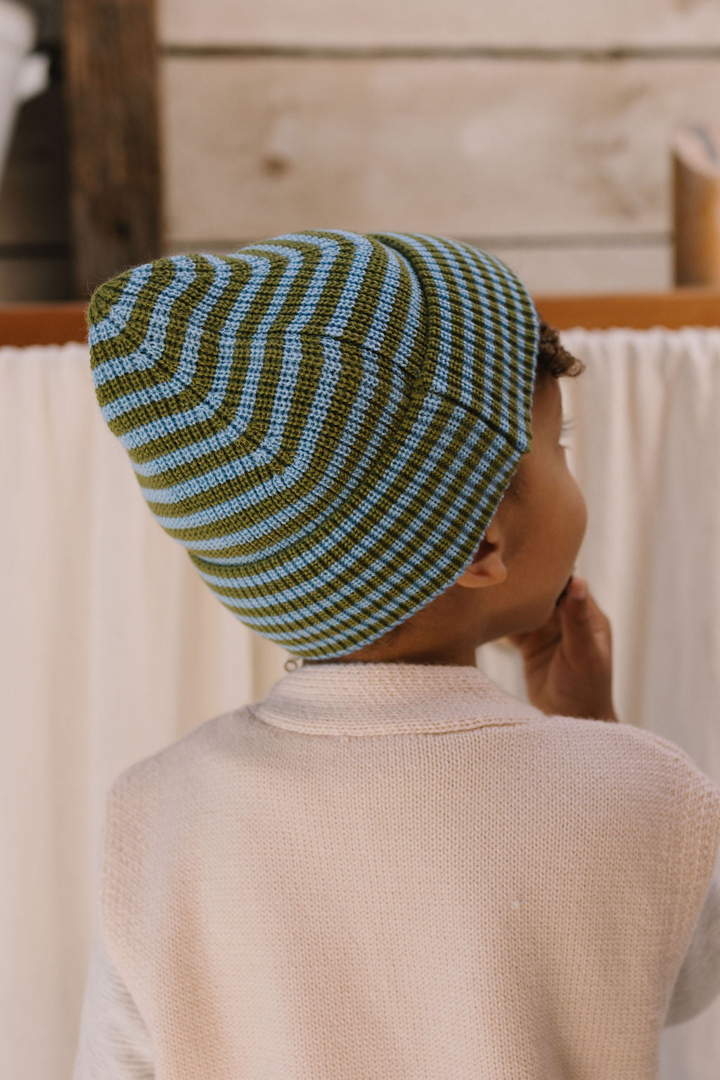 Acorn Kids - Berlin Merino Beanie Green and Blue Stripe