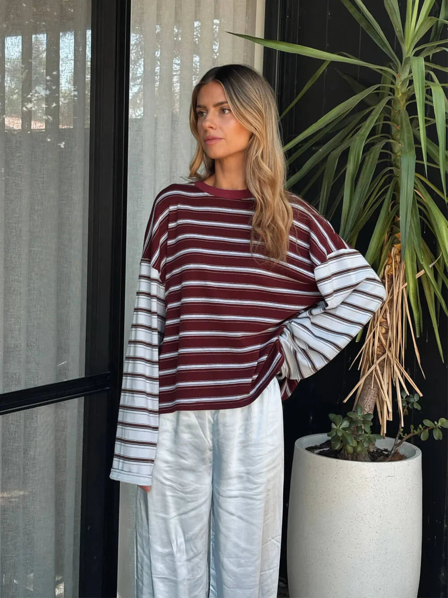 Tiny Trove - Women's Kennedy Stripe Long Sleeve Tee - Maroon/Blue Stripe