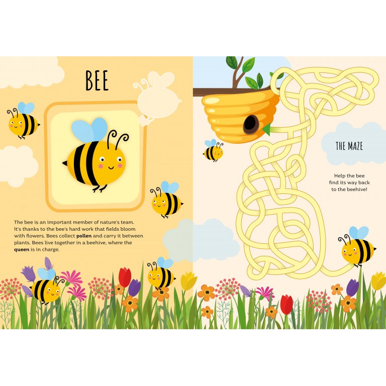 An illustrated page from SASSI's "Stickers and Activities Book The Garden" shows a cute bee with fun garden animal text on the left and a maze to a beehive on the right. The charming background of colorful flowers and clouds is ideal for kids aged 3+ as the bee navigates the maze.