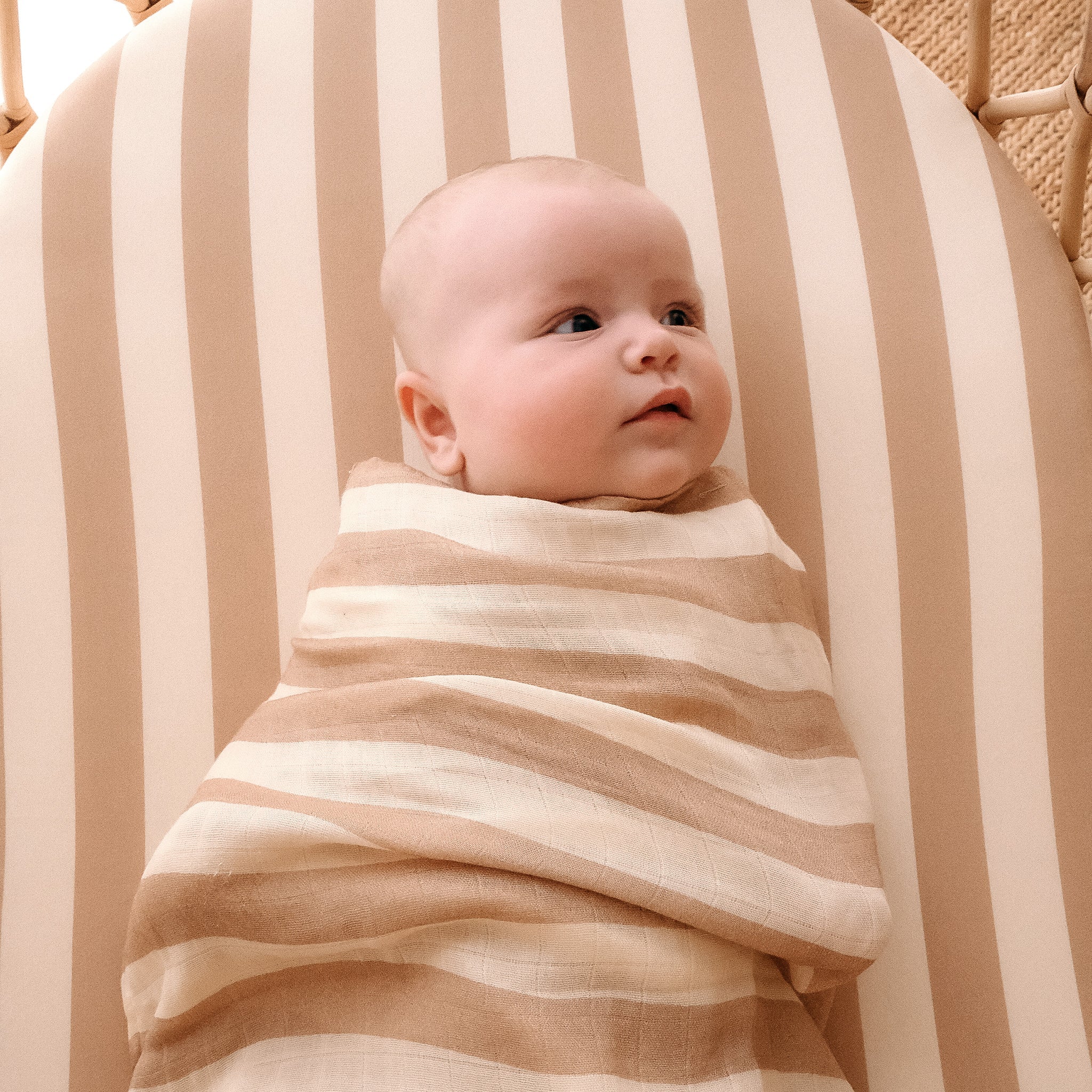 A baby lies on a cozy cushion wrapped in beige and white stripes, featuring the FOX & FALLOW Coffee Stripe Organic Fitted Bassinet Sheet/Change Pad Cover—GOTS certified for comfort and peace of mind.
