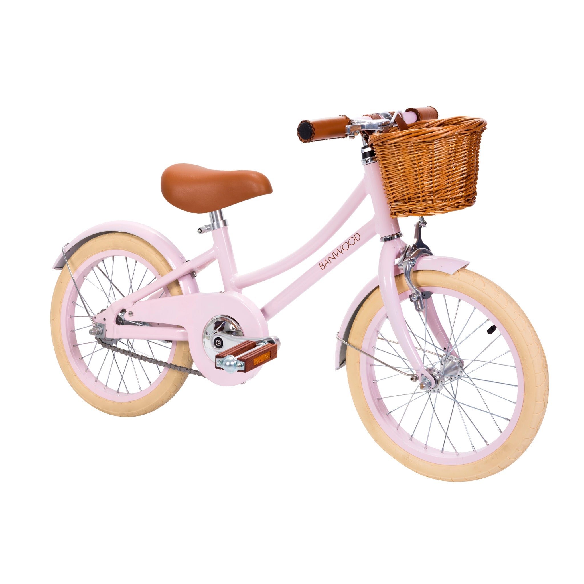 The Banwood - Classic Bicycle Pink by BANWOOD is a children's bike inspired by vintage Scandinavian design, featuring a wicker basket on the handlebars, cream-colored tires, and tan seat and grips with a charming chain guard.