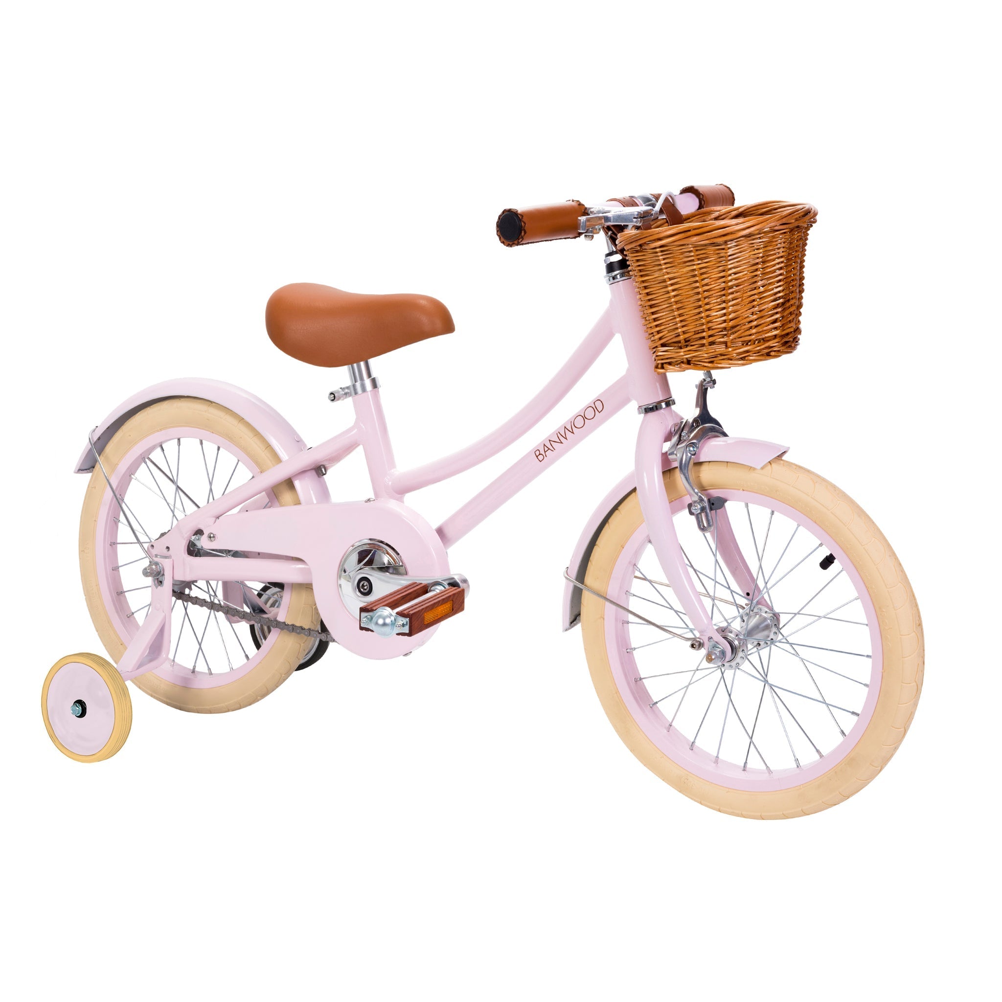 The Banwood - Classic Bicycle Pink by BANWOOD is a charming children's bike featuring a tan leather seat and handlebars, cream tires, wicker basket, training wheels, and shiny silver spokes. Inspired by vintage bicycles with Scandinavian design elements, it's both stylish and functional.