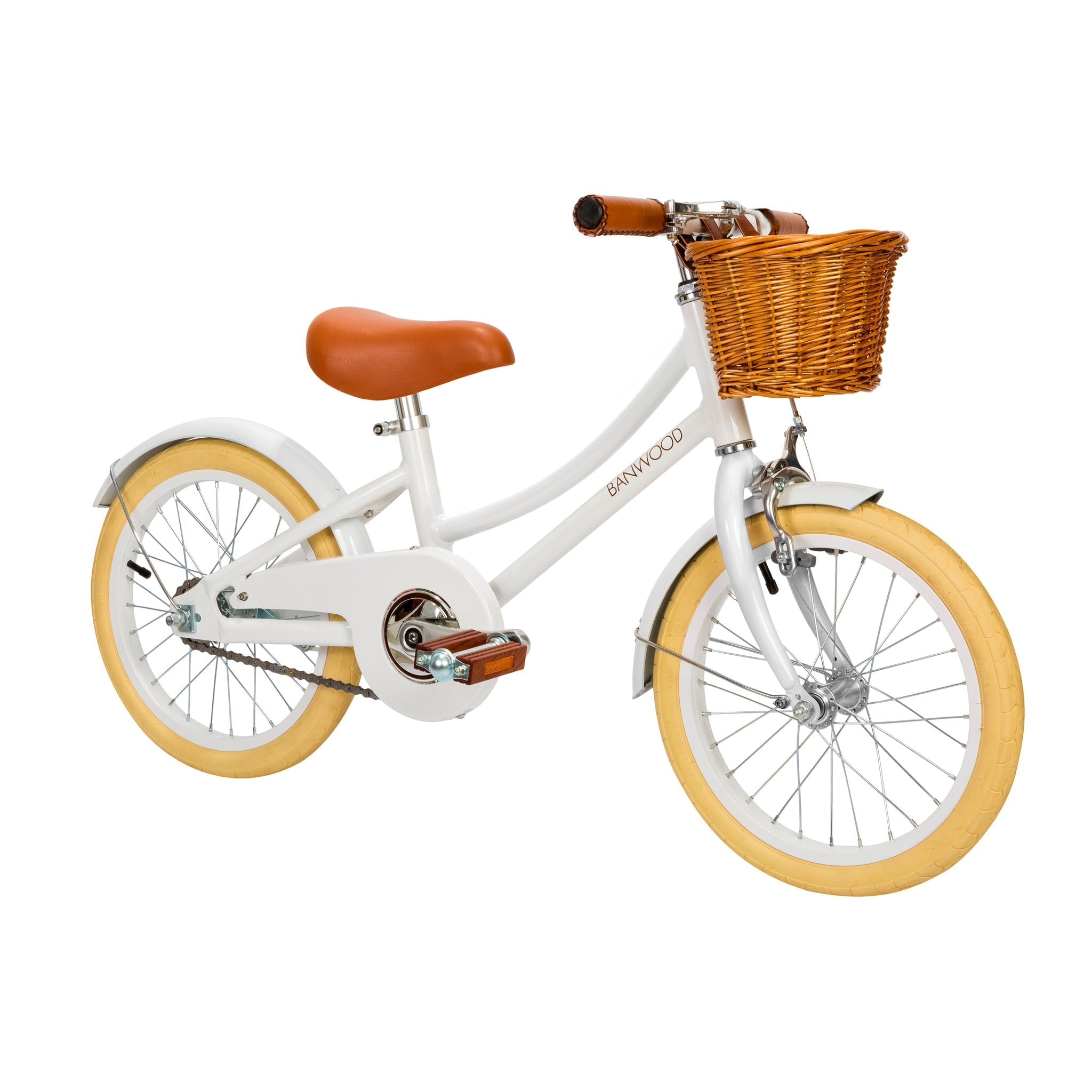 The Banwood - Classic Bicycle White, by BANWOOD, showcases a white frame with tan seat and handlebars. It features a charming brown wicker basket up front and elegant tan tires on a plain white background, embodying the vintage-inspired elegance of Scandinavian design.