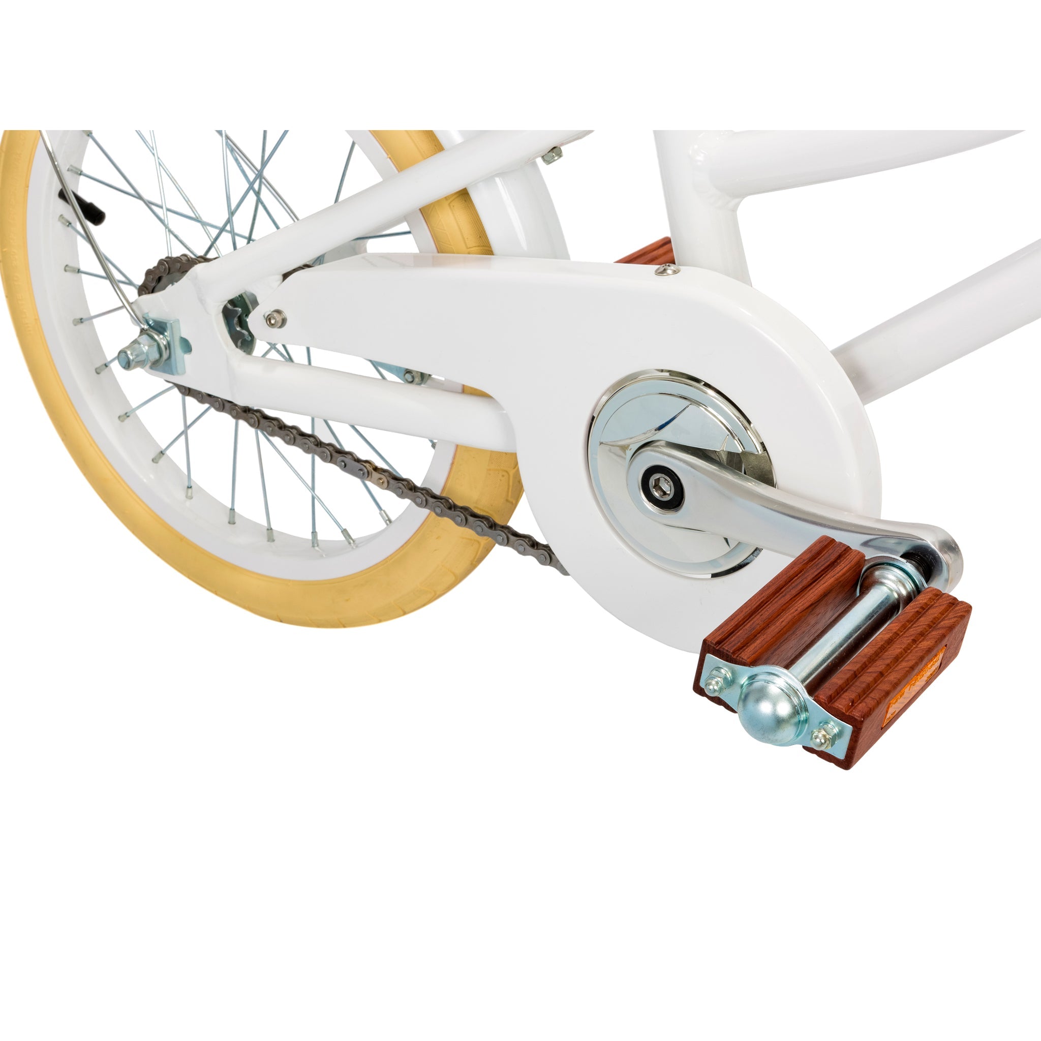 Close-up of the rear wheel and drivetrain on a Banwood Classic Bicycle White. It features a white frame, cream tire, wooden pedal with a metallic end, and a partially covered chain and gear system. The timeless Scandinavian design is showcased in this BANWOOD gem.