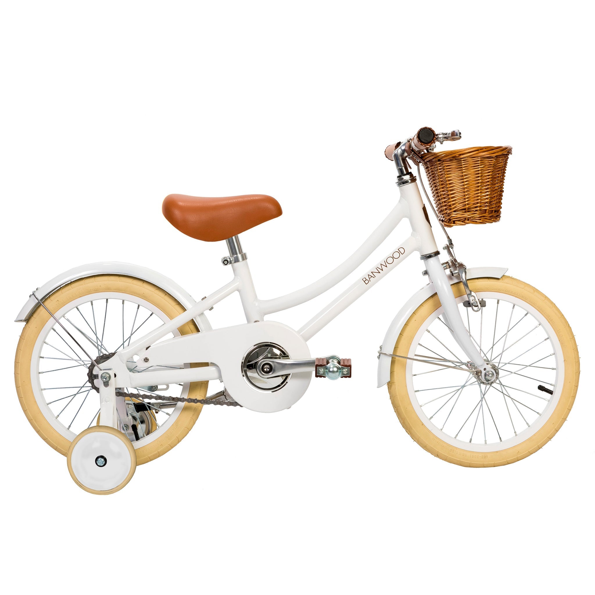 The Banwood - Classic Bicycle White for children features a white frame with a wicker basket, light brown seat and handlebar grips, training wheels, and cream-colored tires. "BANWOOD" elegantly adorns this Scandinavian design.