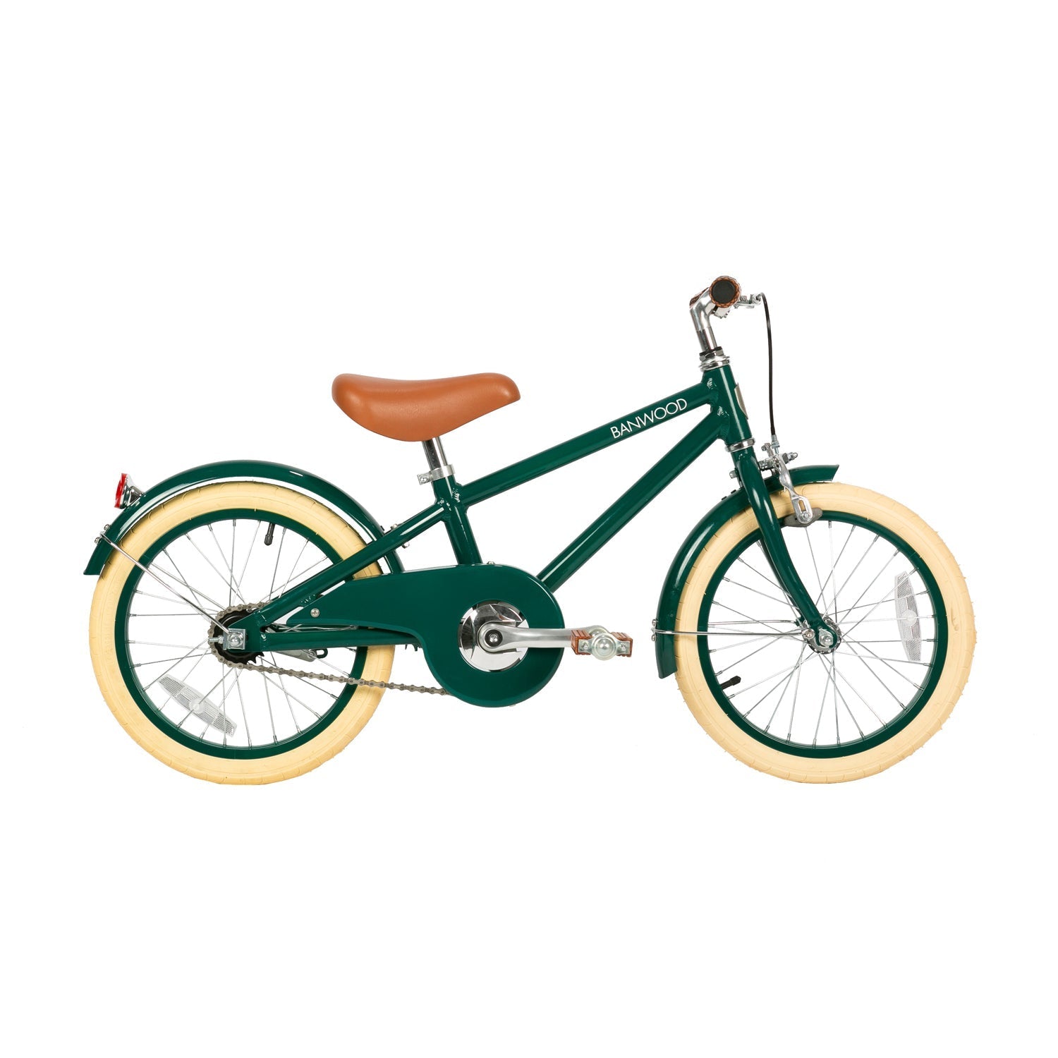 The Banwood - Classic Bicycle Green by BANWOOD is a vintage-inspired children's bike featuring cream tires, a brown leather saddle, and grips. The minimalist design includes a metal frame, small rear light, and chain guard for young riders who appreciate classic style and functionality.