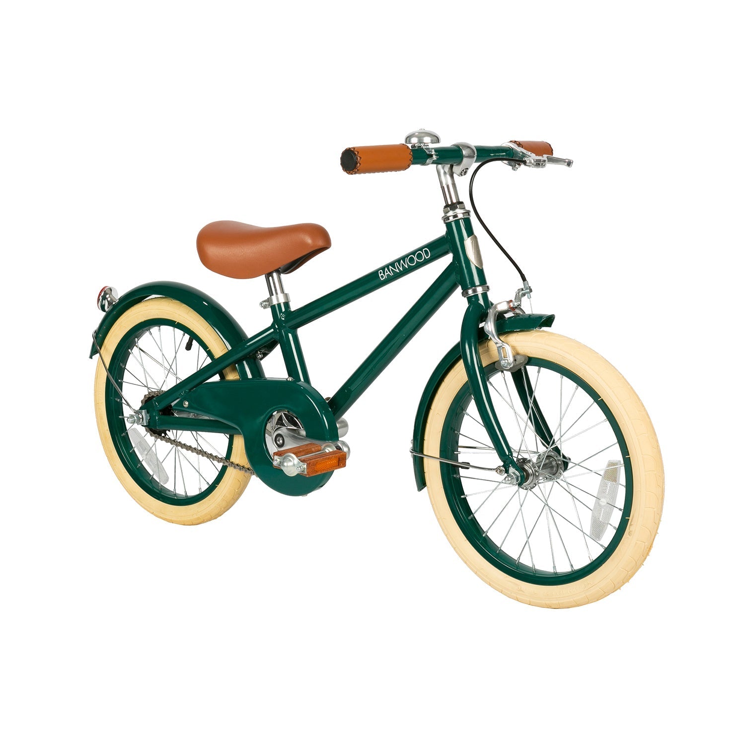 The Banwood - Classic Bicycle Green by BANWOOD is a vintage-inspired children's bike with a green frame, cream-colored tires, and brown leather saddle with matching grips. Its retro design includes a rear fender and central chain guard for an effortlessly classic look.