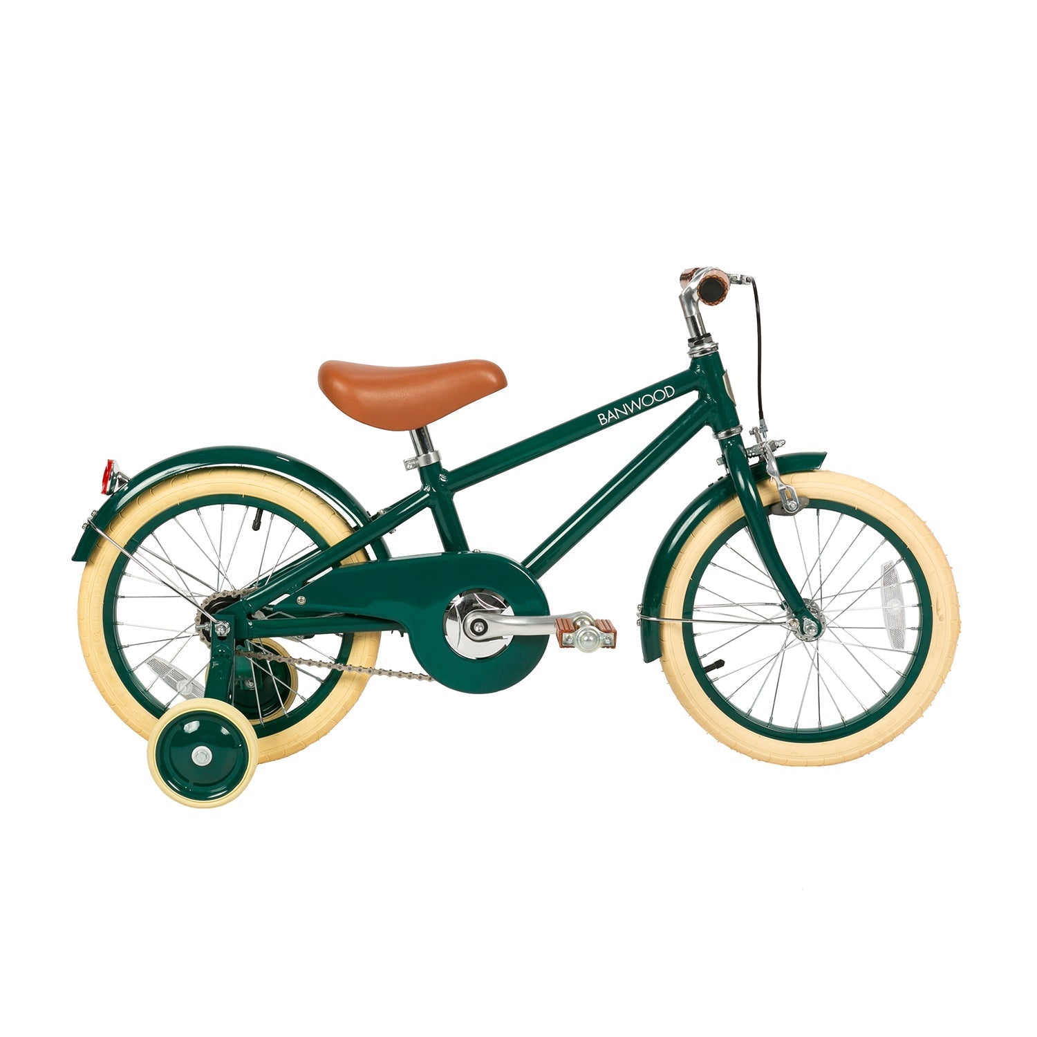 The Banwood Classic Bicycle Green, by BANWOOD, is a vintage-inspired children's bike with a green frame, brown seat and handlebars. It includes cream-colored tires and training wheels, with "BANWOOD" branding adding charm and a kickstand and rear light for practicality.