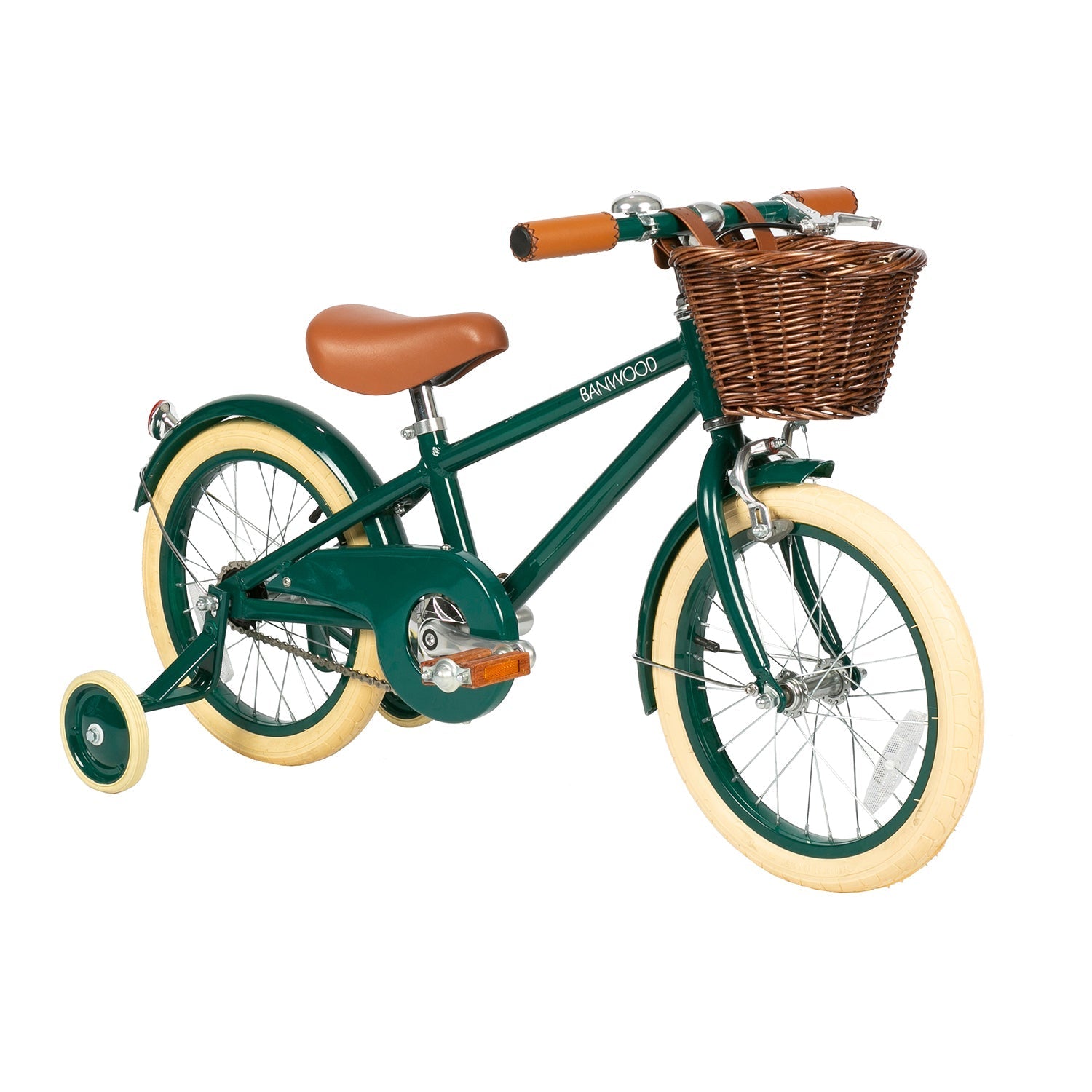The Banwood Classic Bicycle Green by BANWOOD is a vintage-inspired children's bike. It features beige tires, brown handle grips, training wheels, and a charming wicker basket at the front, perfect for young riders seeking classic style.