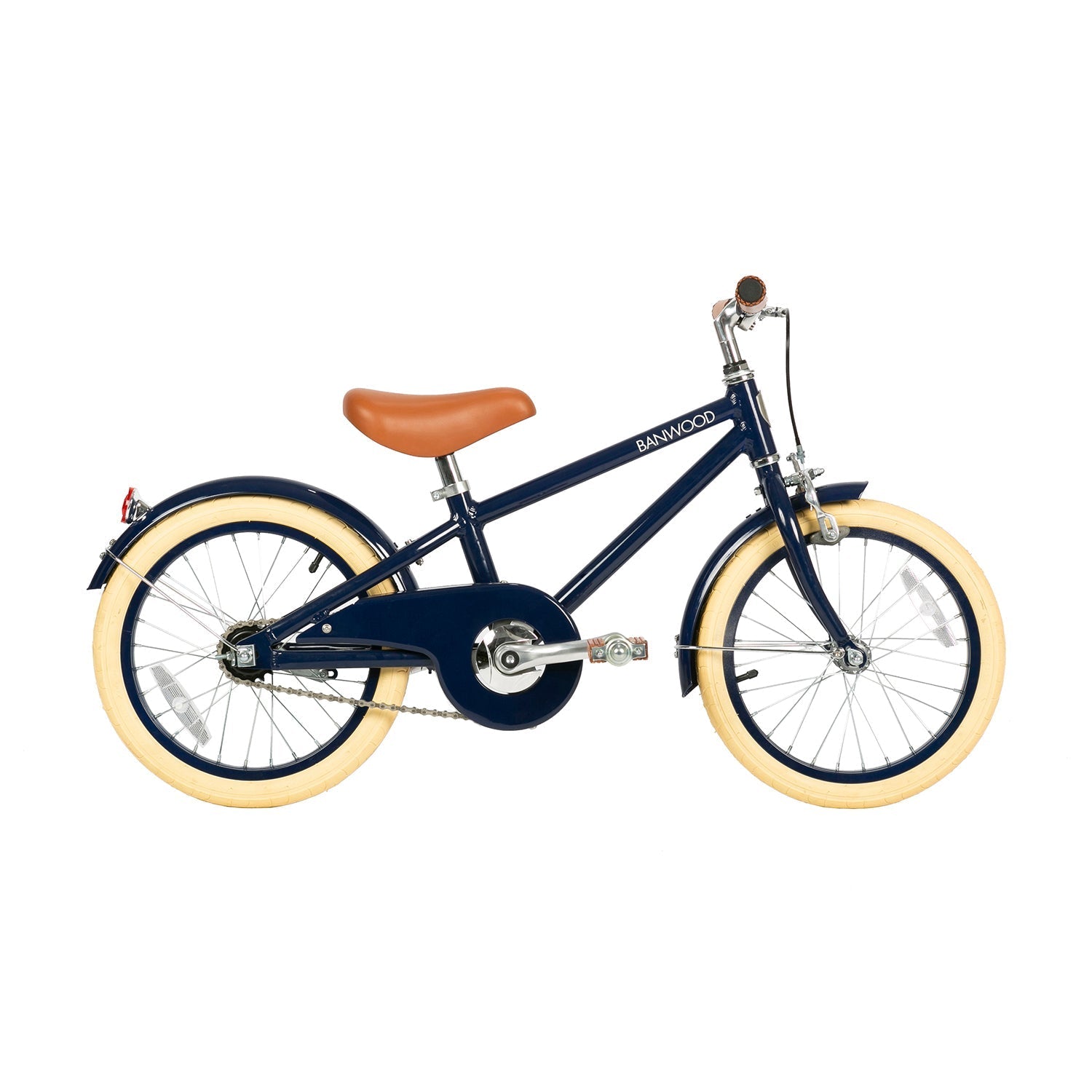The Banwood - Classic Bicycle Navy by BANWOOD features a vintage design with a dark blue frame, brown leather seat, and handlebar grips. It includes beige tires, a rear red reflector, and a black chain guard.