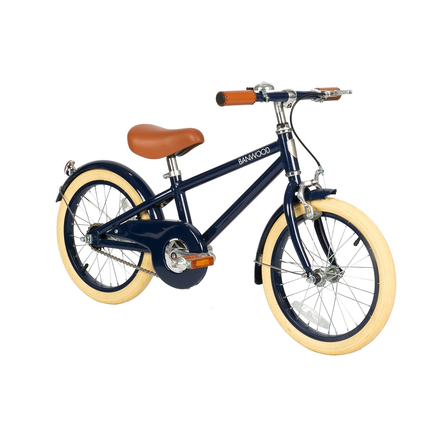 The Banwood - Classic Bicycle Navy by BANWOOD is a vintage-style children's bike with a navy blue frame. It features a brown leather seat and handlebars, cream tires, silver spokes, plus added safety features like a chain guard and rear reflector.