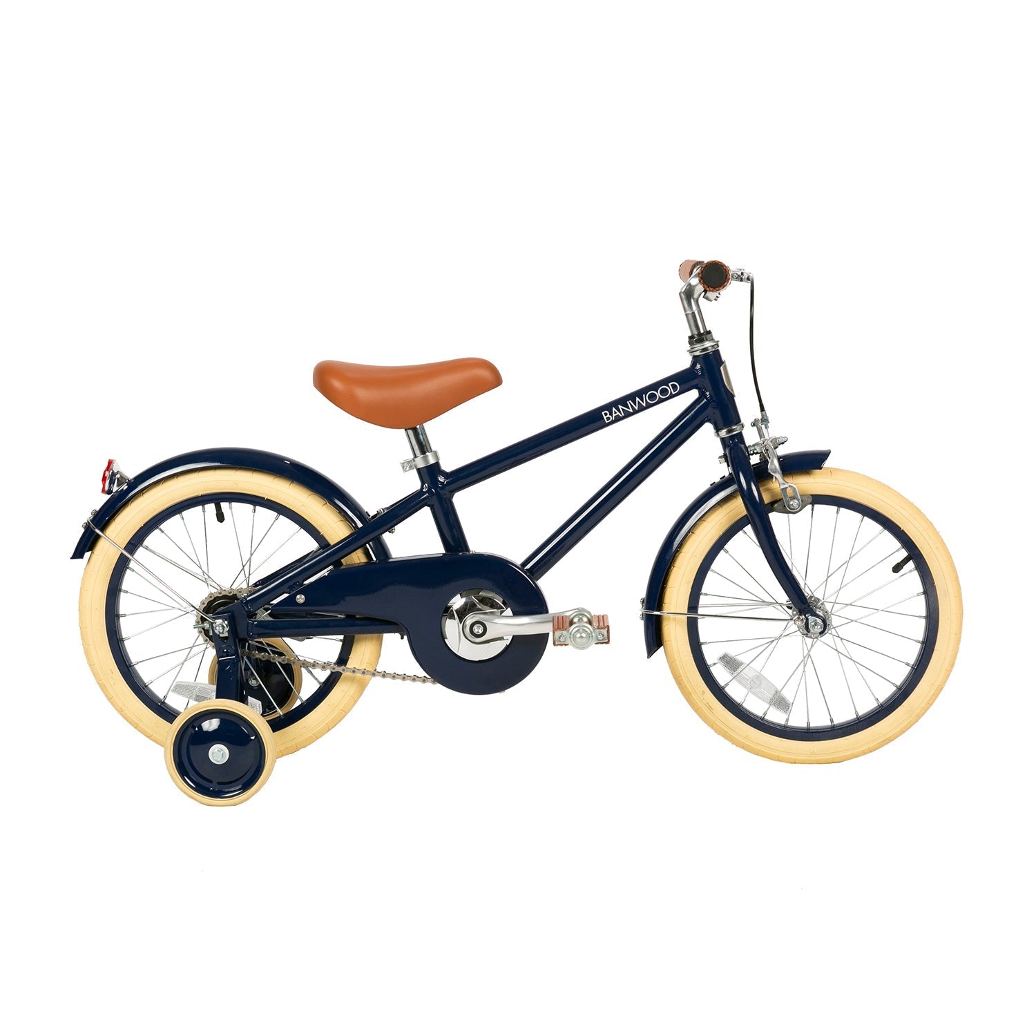The Banwood Classic Bicycle Navy, a blue children's bike with a vintage design, features a tan seat and handle grips, beige tires, and a chain guard. It comes with training wheels and a silver bell on the handlebar, elegantly displaying the BANWOOD brand name on the frame.