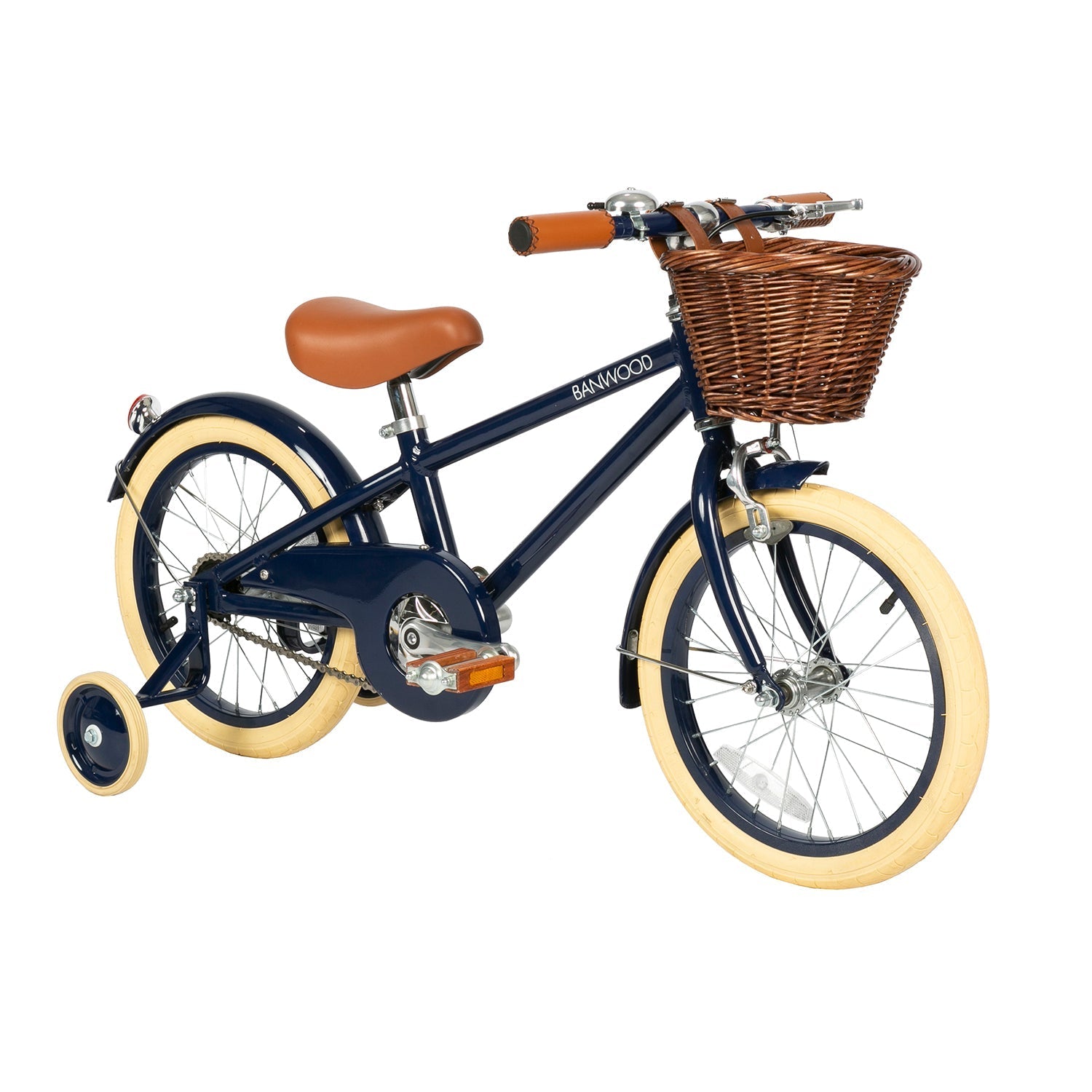 The Banwood - Classic Bicycle Navy by BANWOOD is a children's vintage-style bike in navy blue, featuring beige tires, a brown seat and handlebars, training wheels, and a front brown wicker basket. The retro design is showcased on a white background.