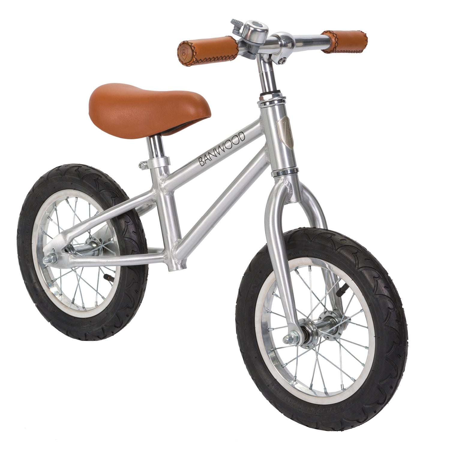 The Banwood - Vintage Balance Bike Chrome by BANWOOD showcases a vintage style with silver frame, brown leather handles, matching saddle, and black tires. Ideal for beginners learning to balance with its minimalist design.